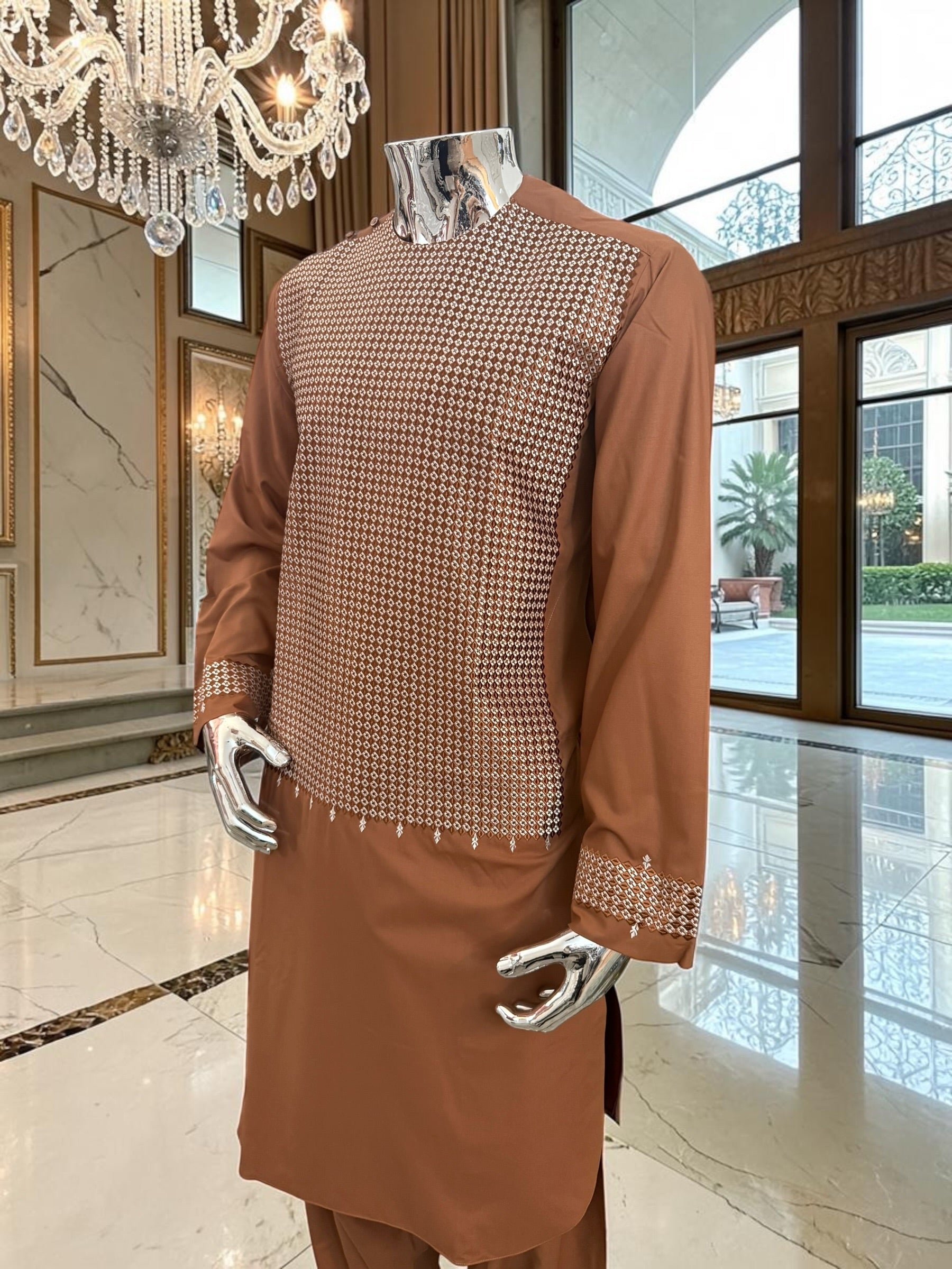 Medium Afghan Parahan Tunban Kameese Shalwar Brown Machine Embroidery