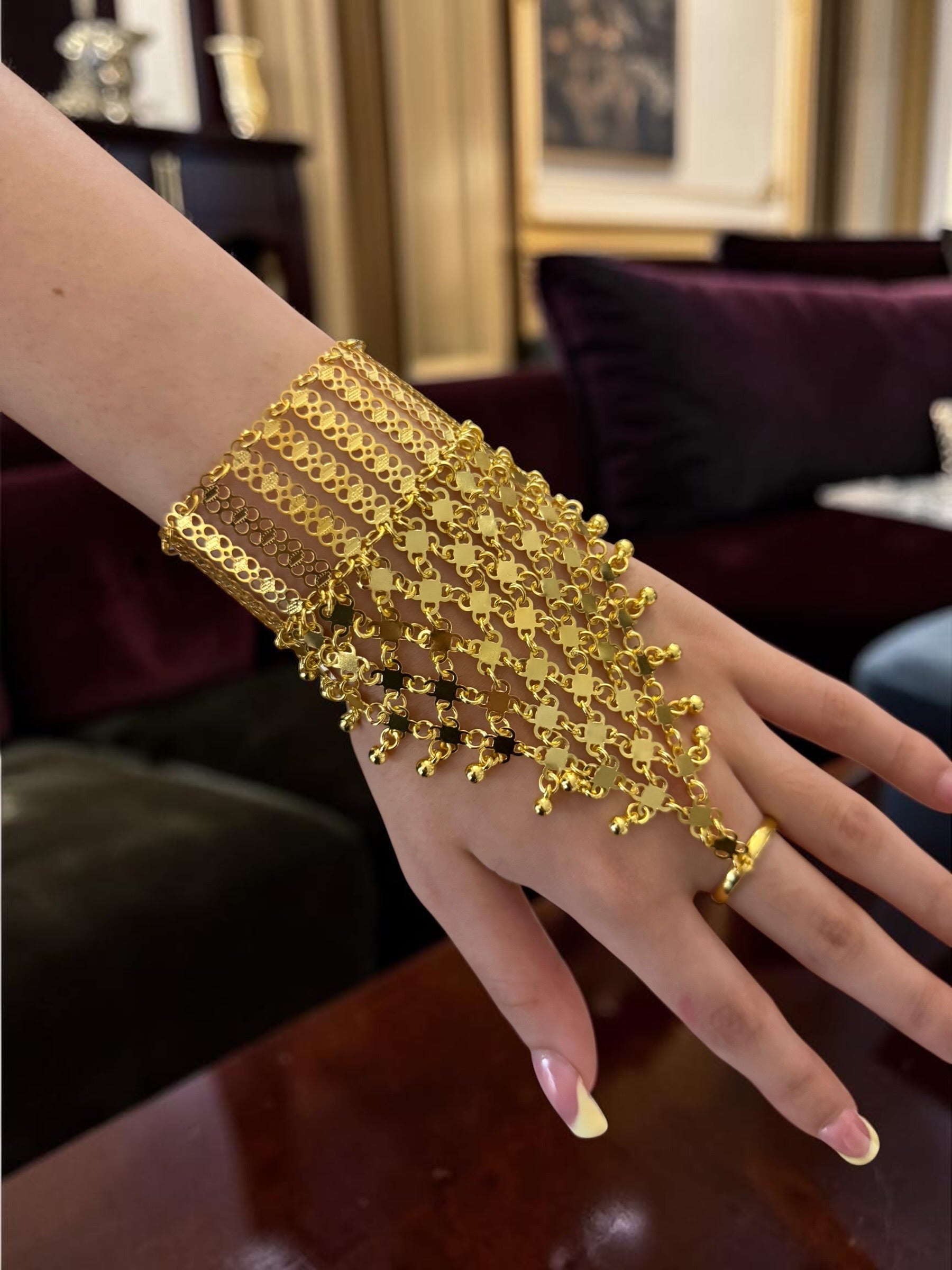 Gold Plated Hathphool Hand Chain Bracelet with Adjustable Ring | Ethnic Indian Pakistani Afghan Arabic Hand Jewelry 6075