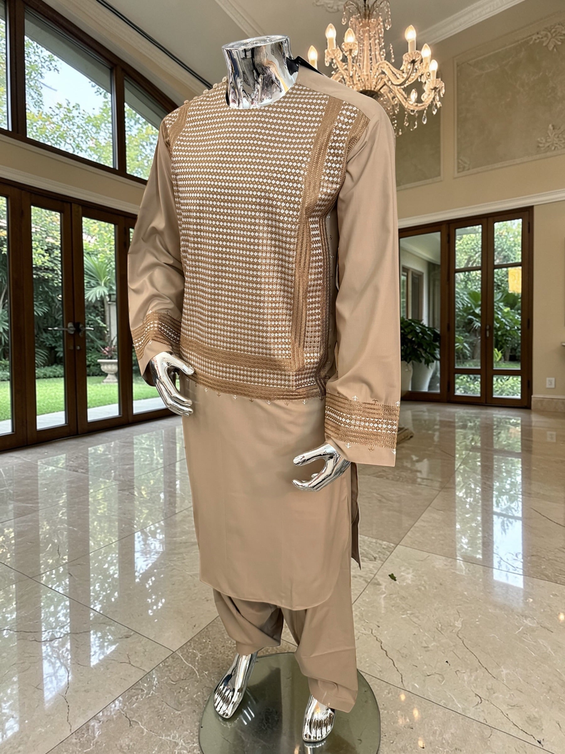 XL Beige Embroidered Afghan Parahan Tumban – Cotton-Blend Traditional Men’s Outfit | Luqmaan Boutique