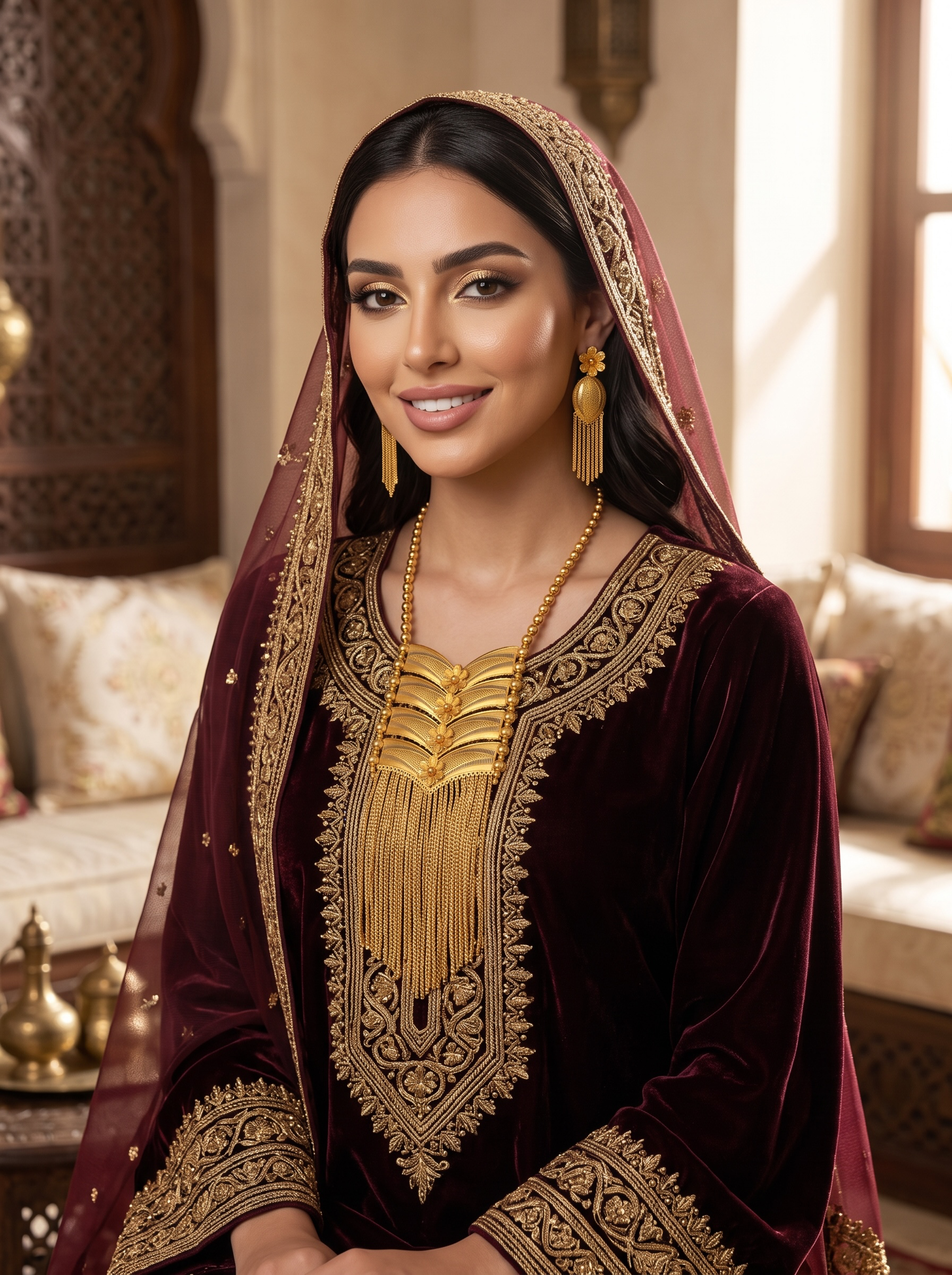 24K Gold-Plated Arab Middle Eastern Floral Fringe Necklace & Earrings Set. 060