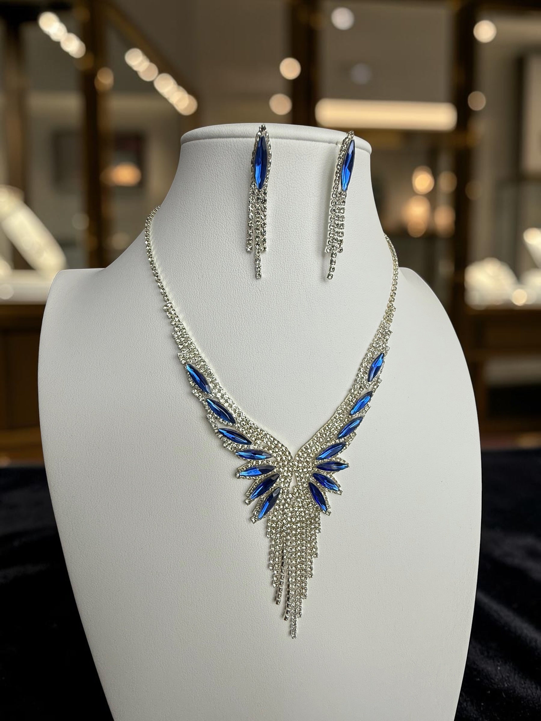 Crystal Rhinestone Statement Necklace & Earrings Set – Silver-Tone Leaf Design with Tassel, 7 Color Options, Jewelry Box Included