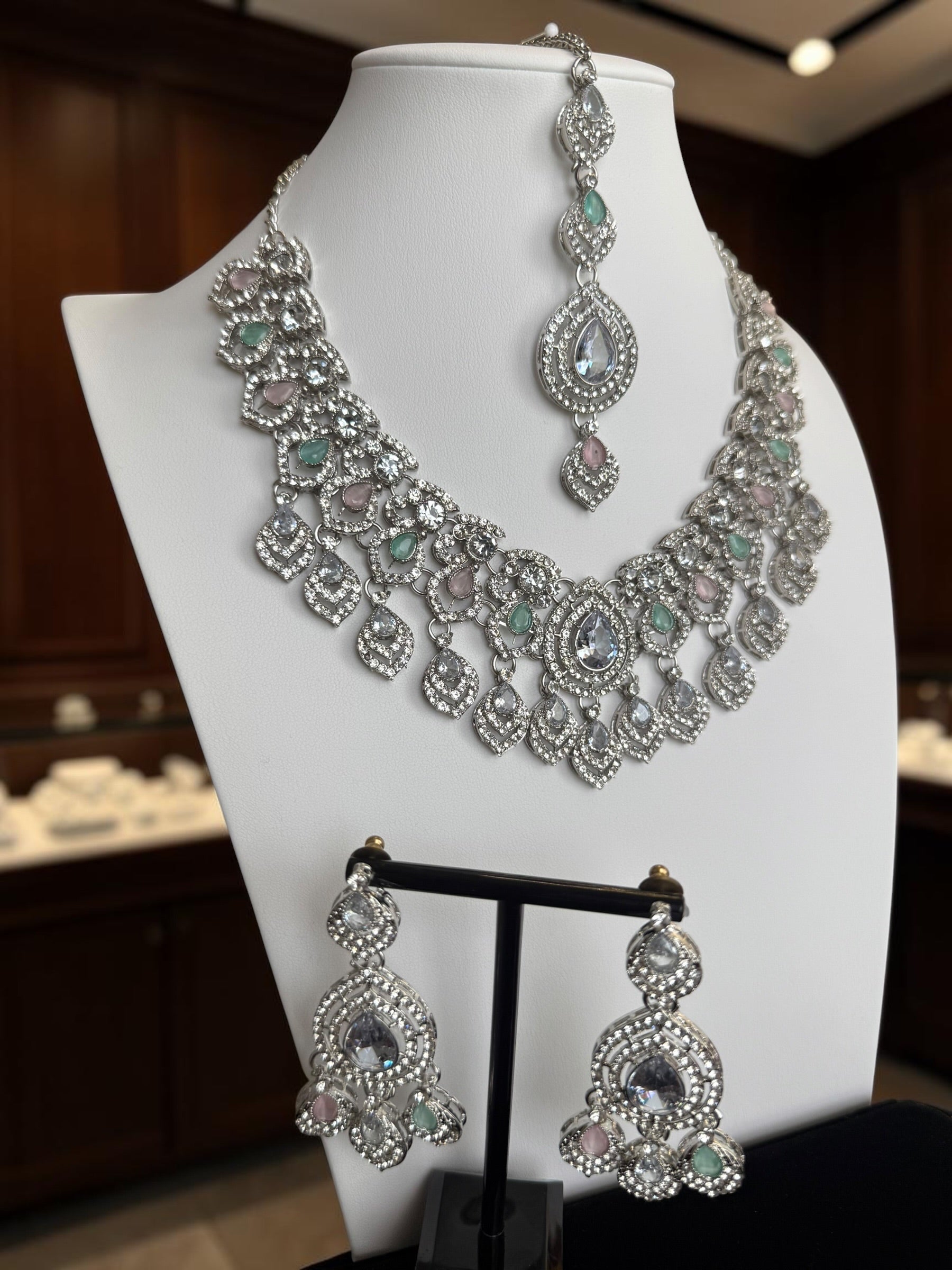 Luxury Silver Tone Pastel Pink & Mint Crystal Bridal Jewelry Set | Statement Necklace, Earrings & Maang Tikka | Wedding Jewelry with Black Gift Box 6026