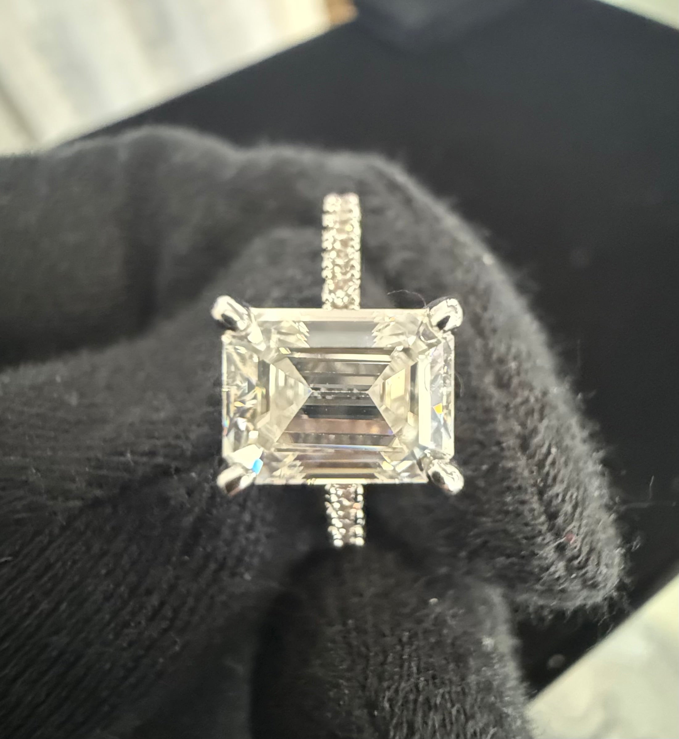 Size 6 Emerald Cut Moissanite Engagement Ring in Sterling Silver – 4 Prong Pavé Band.   6016