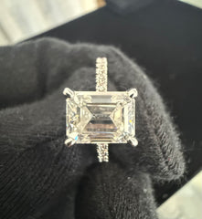 Size 6 Emerald Cut Moissanite Engagement Ring in Sterling Silver – 4 Prong Pavé Band.   6016