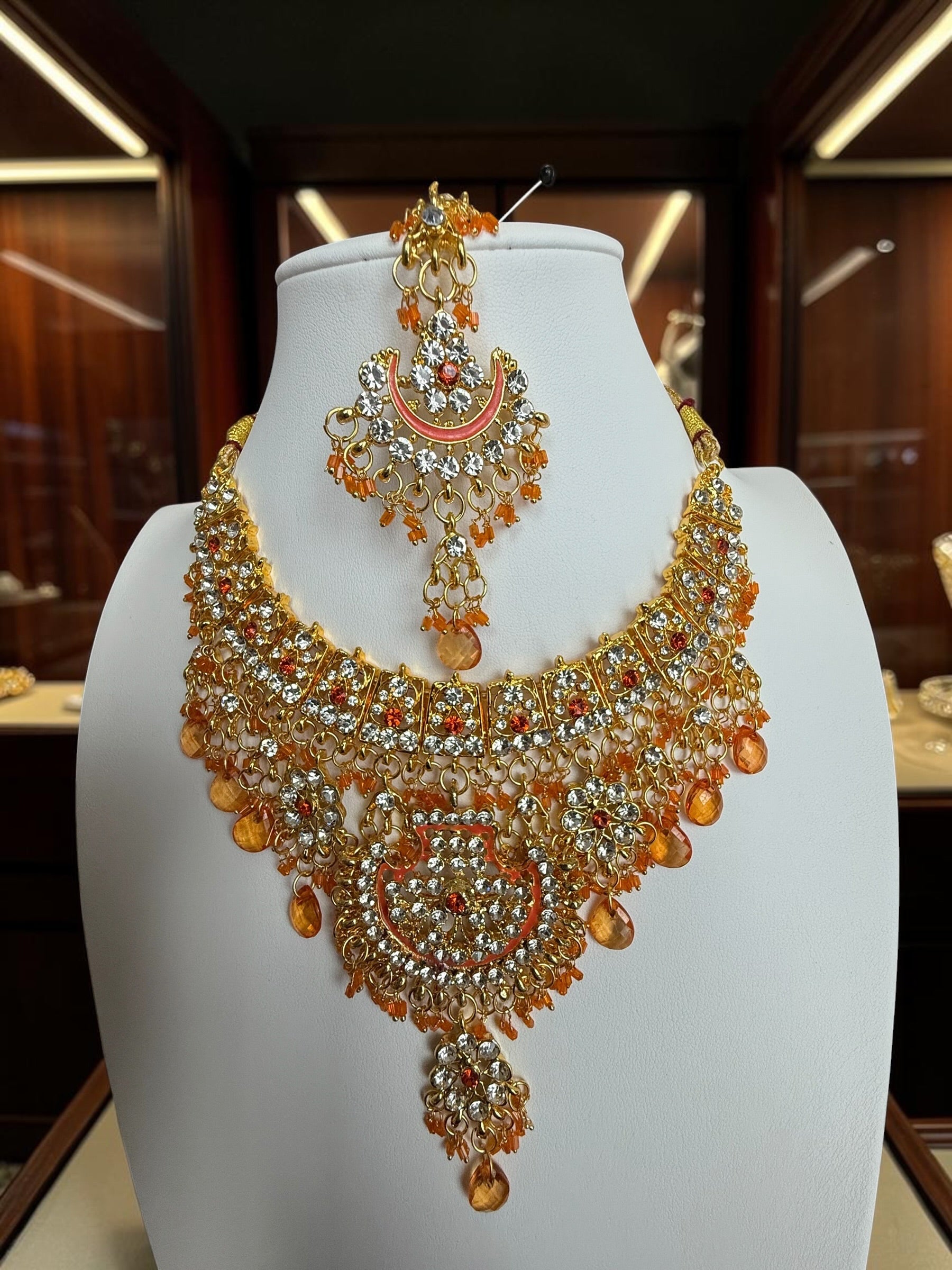 Golden Sunset Kundan Style Bridal Jewelry Set with Necklace, Earrings & Maang Tikka | Indian Pakistani Afghan Wedding Jewelry | Gift Box Included 7010