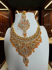 Golden Sunset Kundan Style Bridal Jewelry Set with Necklace, Earrings & Maang Tikka | Indian Pakistani Afghan Wedding Jewelry | Gift Box Included 7010