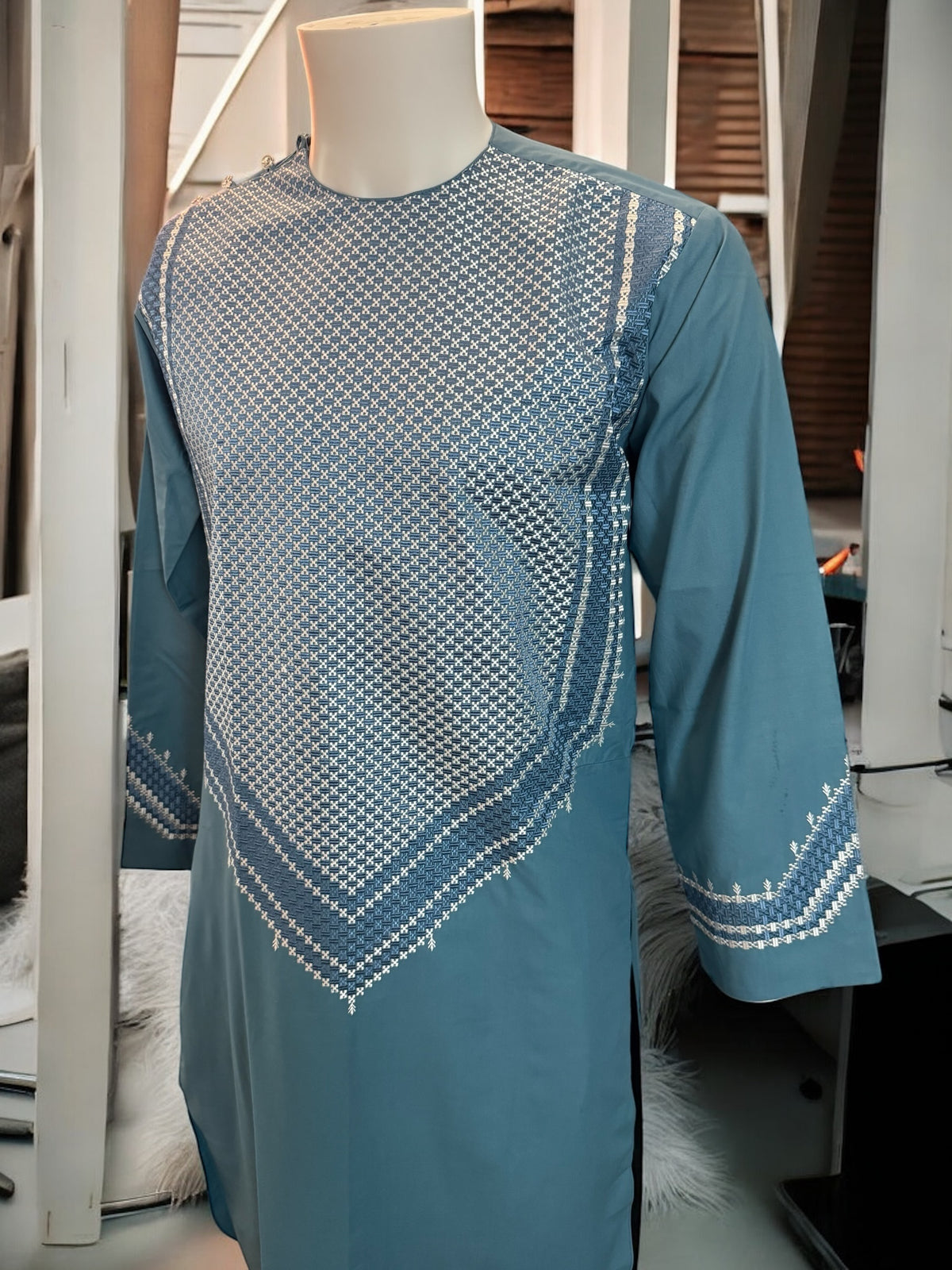 X-Small Afghan Parahan Tunban for Men with Machine Khamakdozi Embroidery – Teal Blue