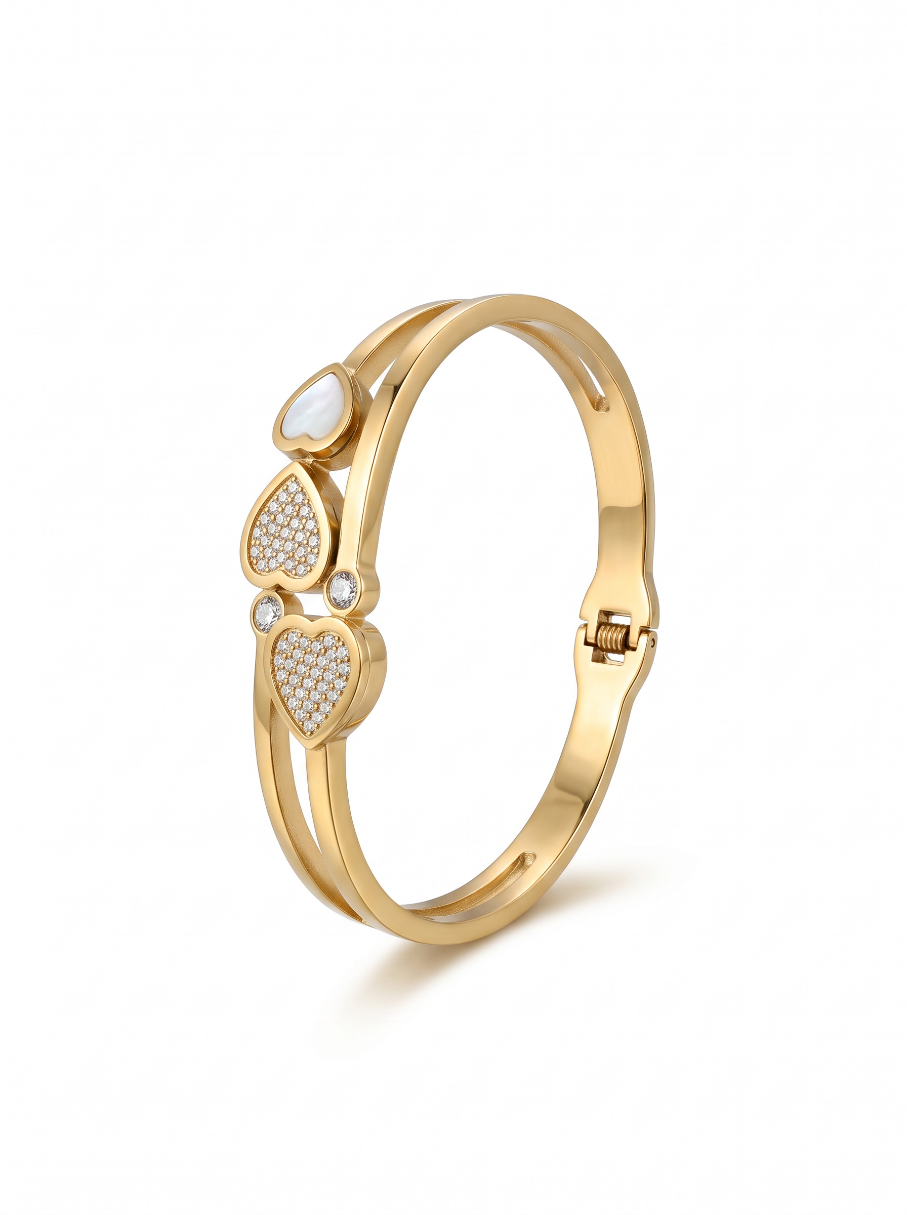 Triple Heart Crystal Gold-Tone Hinged Bangle Bracelet 8020