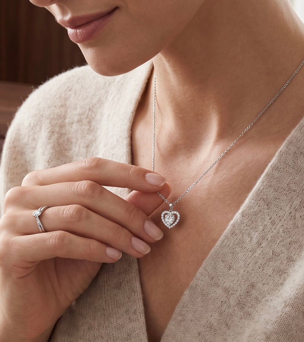 1 Carat Round Cut Moissanite Heart Pendant Necklace – Silver Tone Halo Necklace with GRA Certificate & Jewelry Box 7062