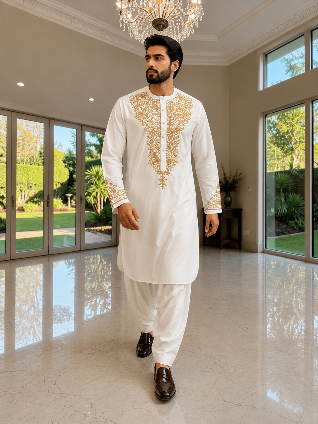 Handmade Afghan Selmadozi Embroidered Men’s Perahan Tunban – Luxury Traditional Formal Outfit – Available in Black, Ivory & White