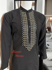 Medium Men’s Black Parahan Tumban with Gold and White Hand Khamak Embroidery – Luxury Afghan Traditional Outfit