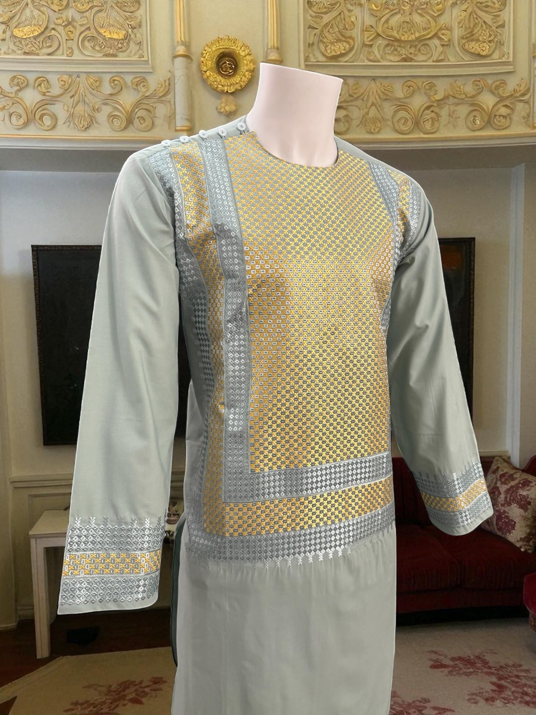 Men’s Sage Green Kameez with Gold and Silver Geometric Machine Embroidery | Large Size