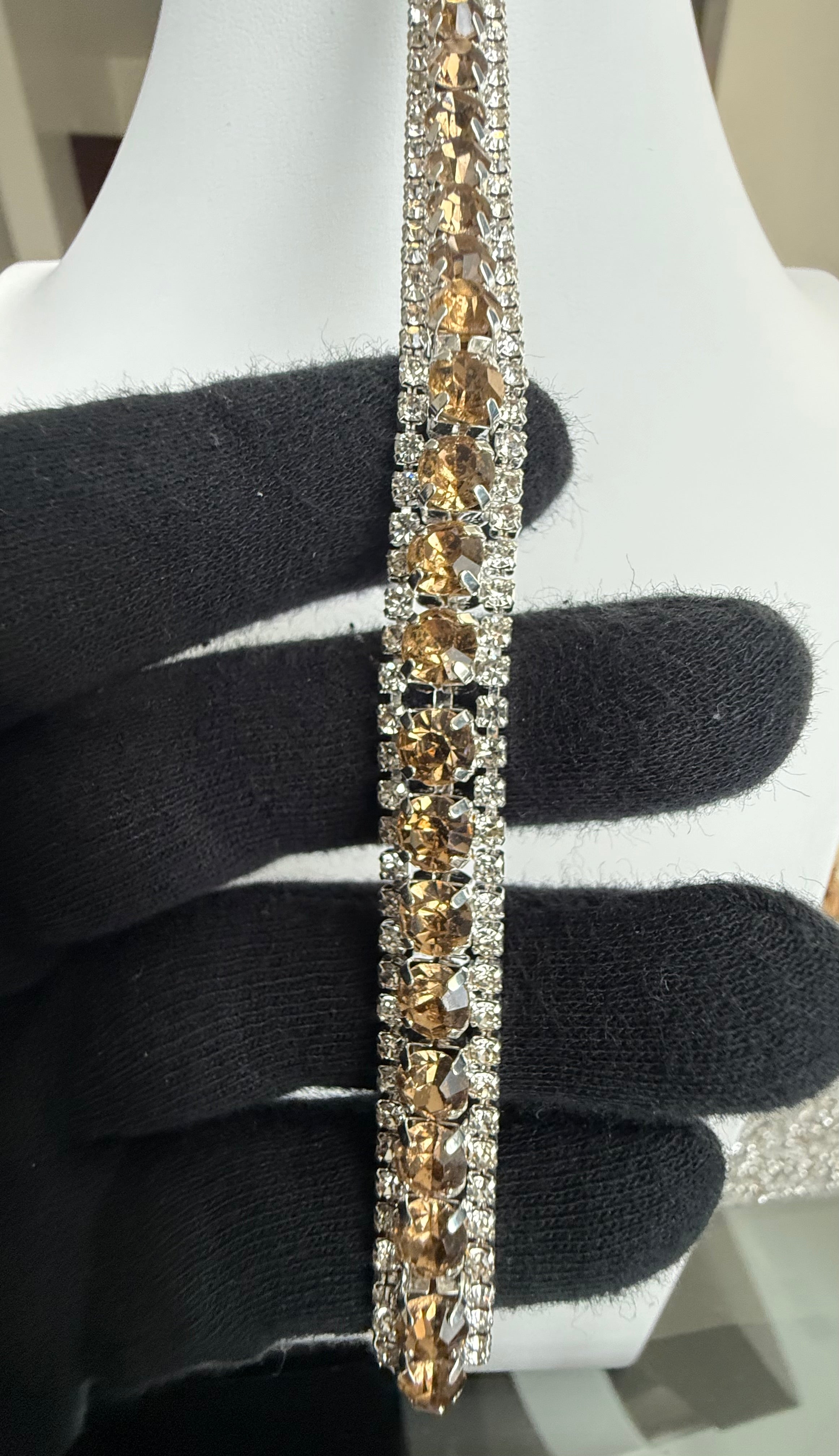 Champagne Crystal Double Row Tennis Bracelet – Silver Tone Statement Bracelet 7108
