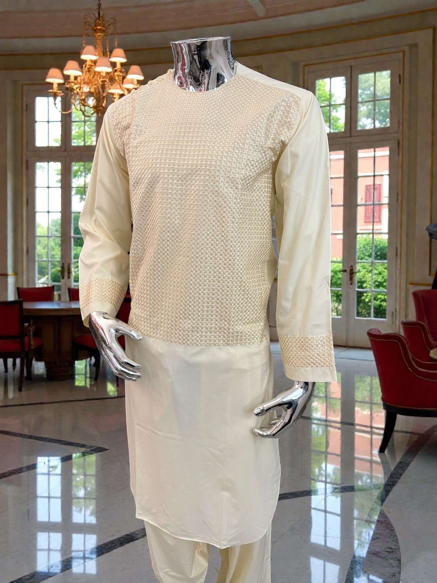 Men’s Cream Parahan Tumban with Matching Embroidery – Afghan Traditional Outfit (Medium)
