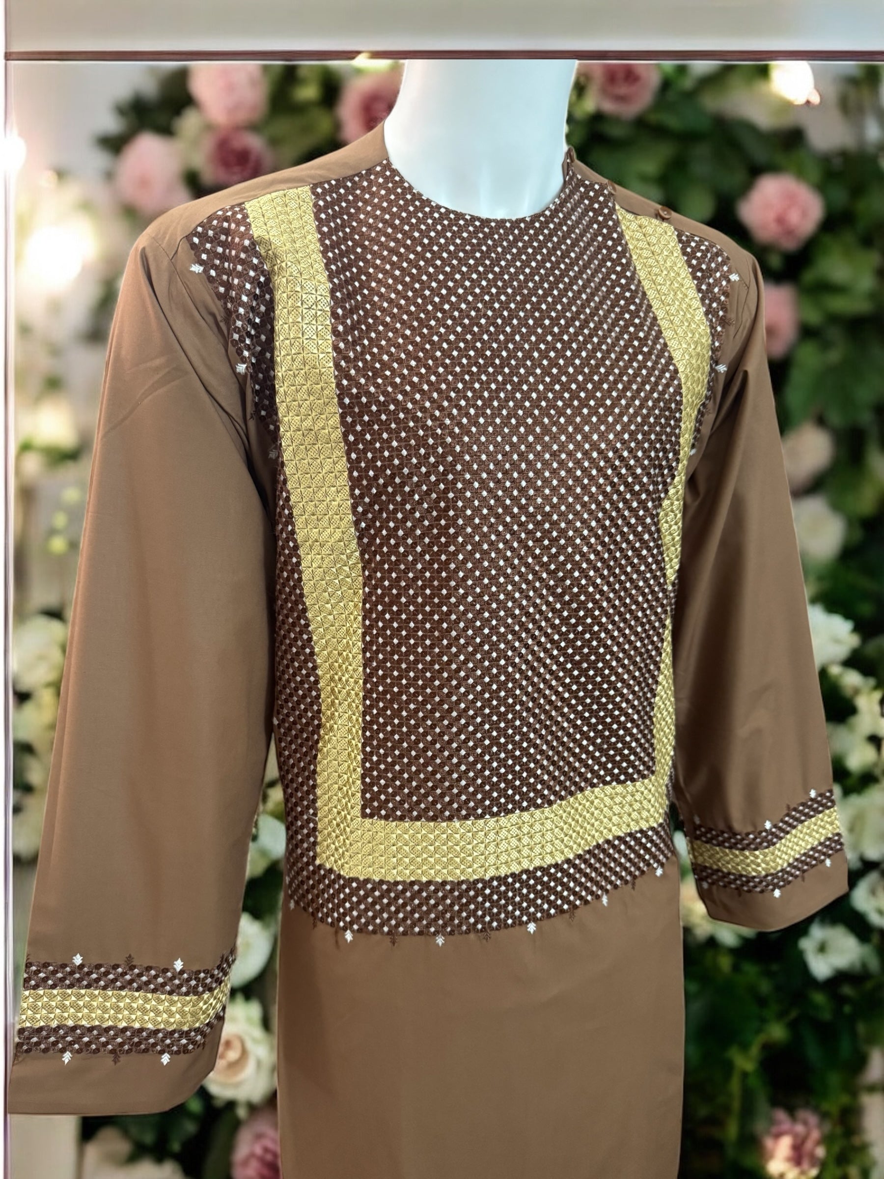 Afghan Parahan Tunban for Men Machine Embroidered Brown Gold Traditional Wear Medium Large