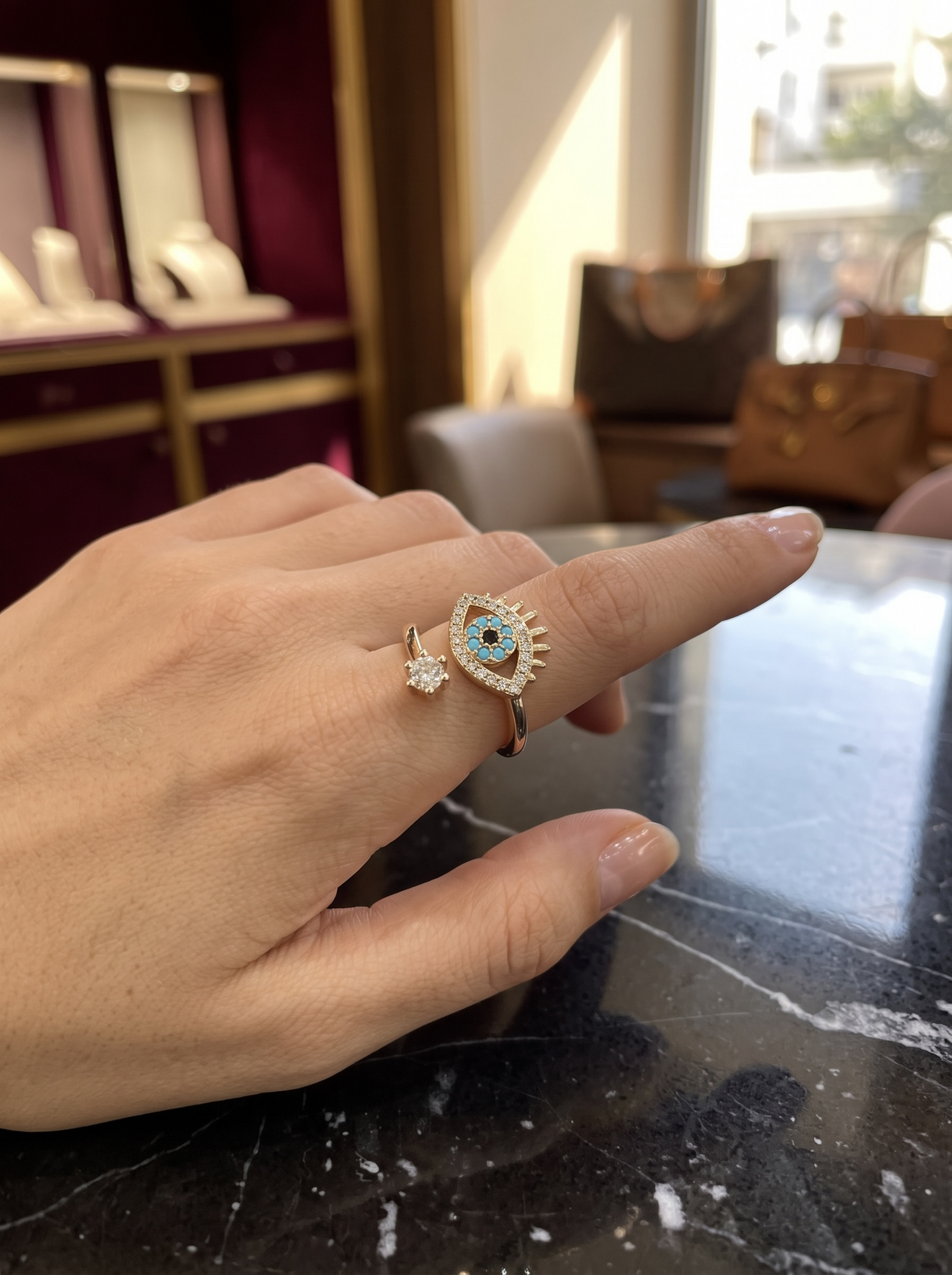 Silver-Tone Evil Eye Ring with Turquoise and Clear Stones