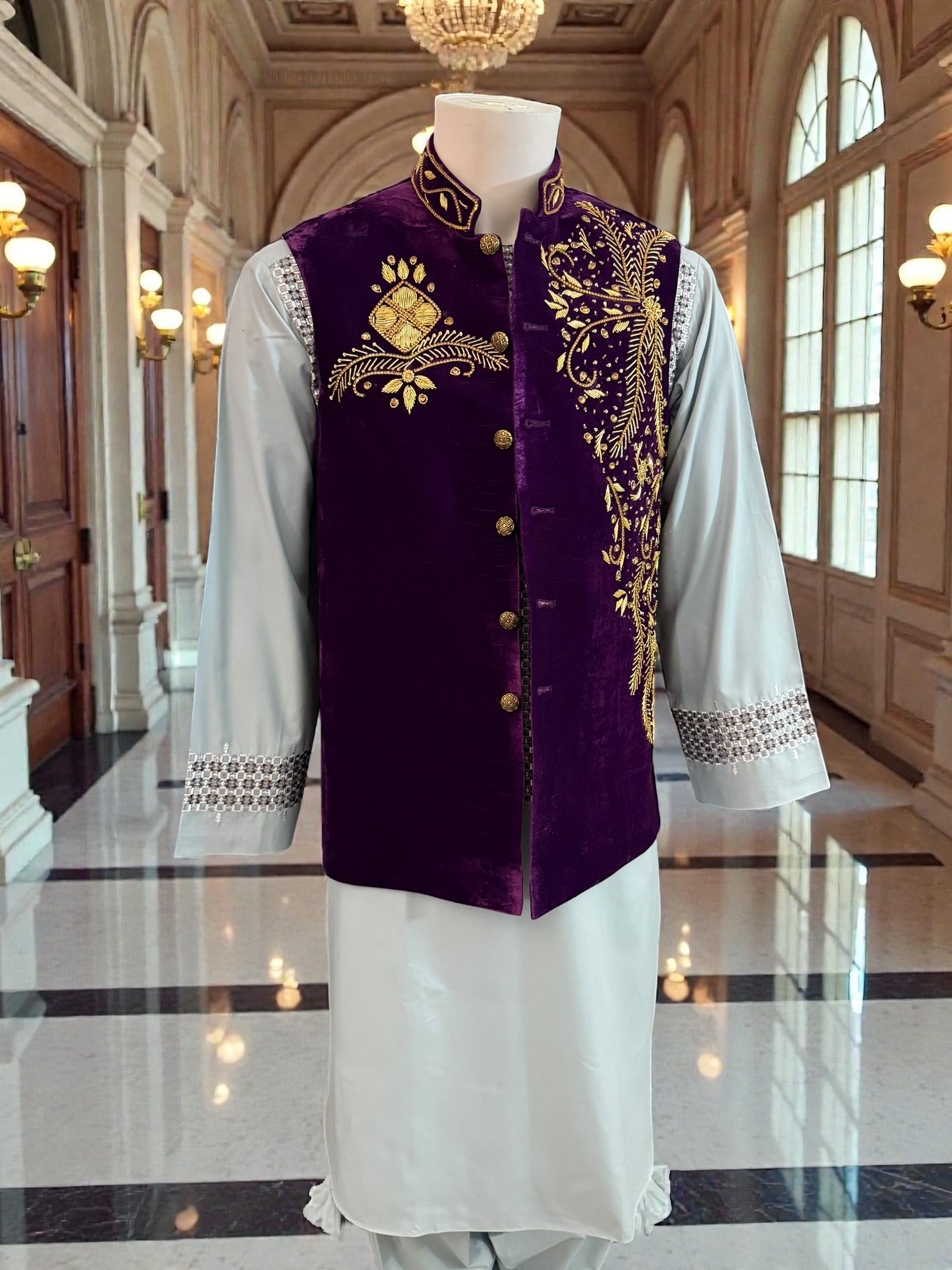 Medium Purple Velvet Men’s Waistcoat – Heavy Handmade Zari & Dabka Embroidery | Luxury Wedding waistcoat