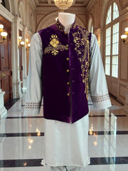 Medium Purple Velvet Men’s Waistcoat – Heavy Handmade Zari & Dabka Embroidery | Luxury Wedding waistcoat