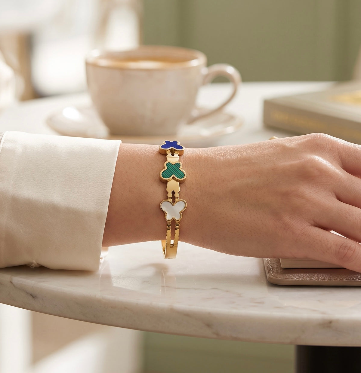 Gold Tone Stainless Steel Butterfly Bangle Bracelet in Black, Green & White 8061