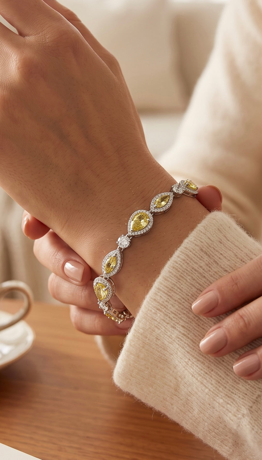 Yellow Pear Cut Crystal Halo Bracelet – Silver Tone Elegant Statement Jewelry 7099