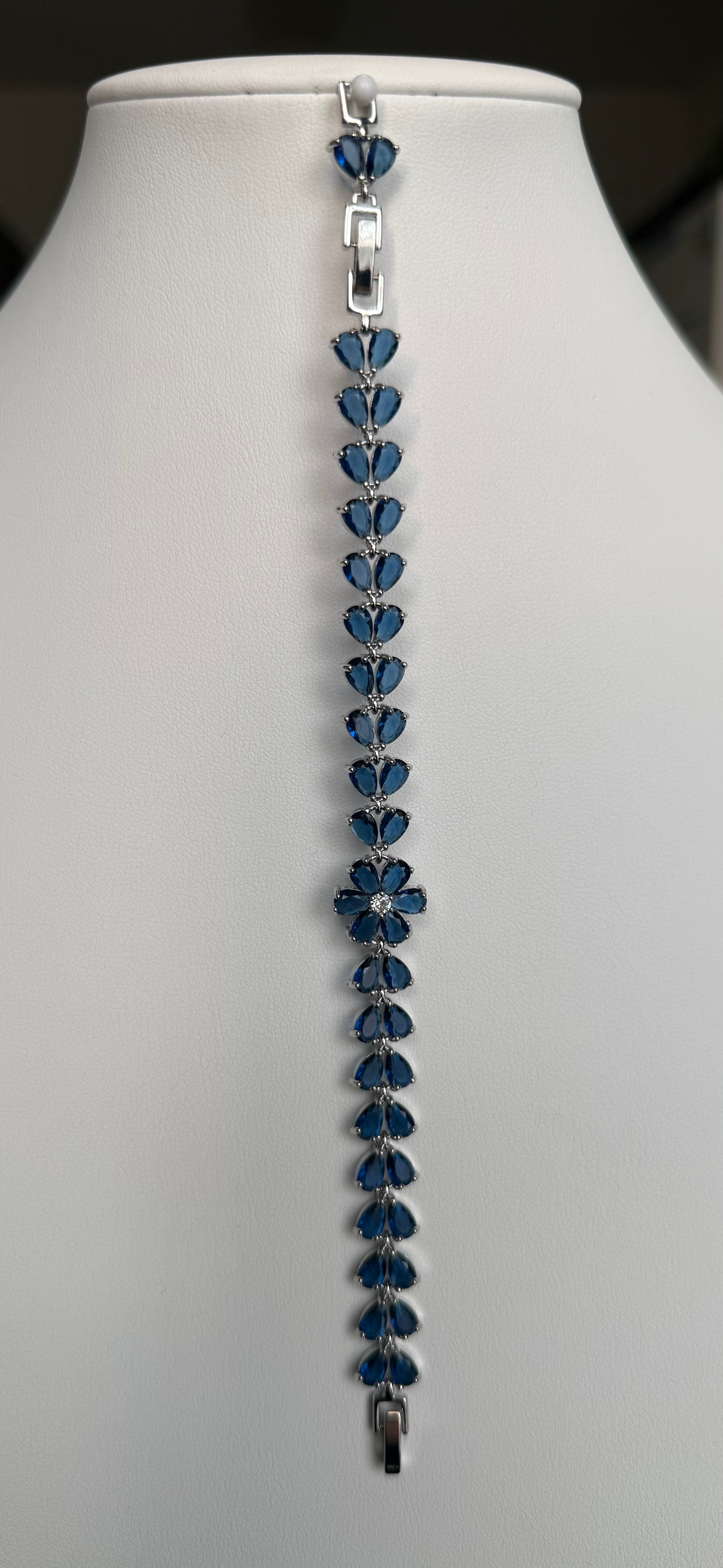 Sapphire Blue Crystal Floral Tennis Bracelet – Silver-Tone Pear Cut Flower Bracelet for Women 7131