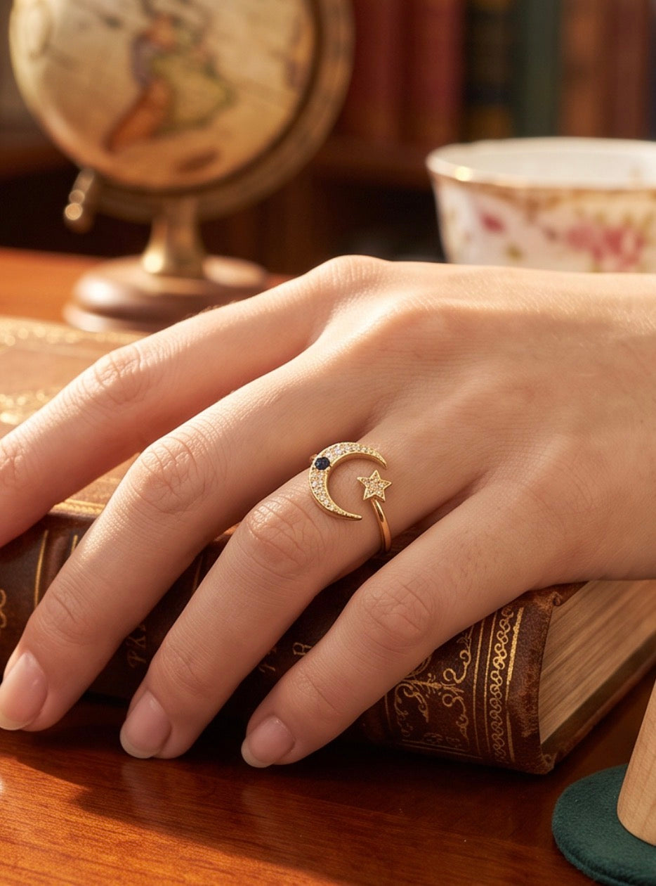 Gold Plated Crescent Moon and Star Adjustable Ring – Dainty Zircon Celestial Cocktail Ring for Women 6077