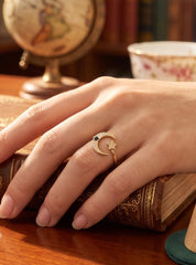 Gold Plated Crescent Moon and Star Adjustable Ring – Dainty Zircon Celestial Cocktail Ring for Women 6077