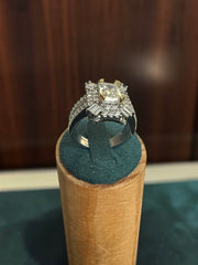 Moissanite Emerald-Cut Halo Statement Ring – Silver Tone, Size 8.  6002
