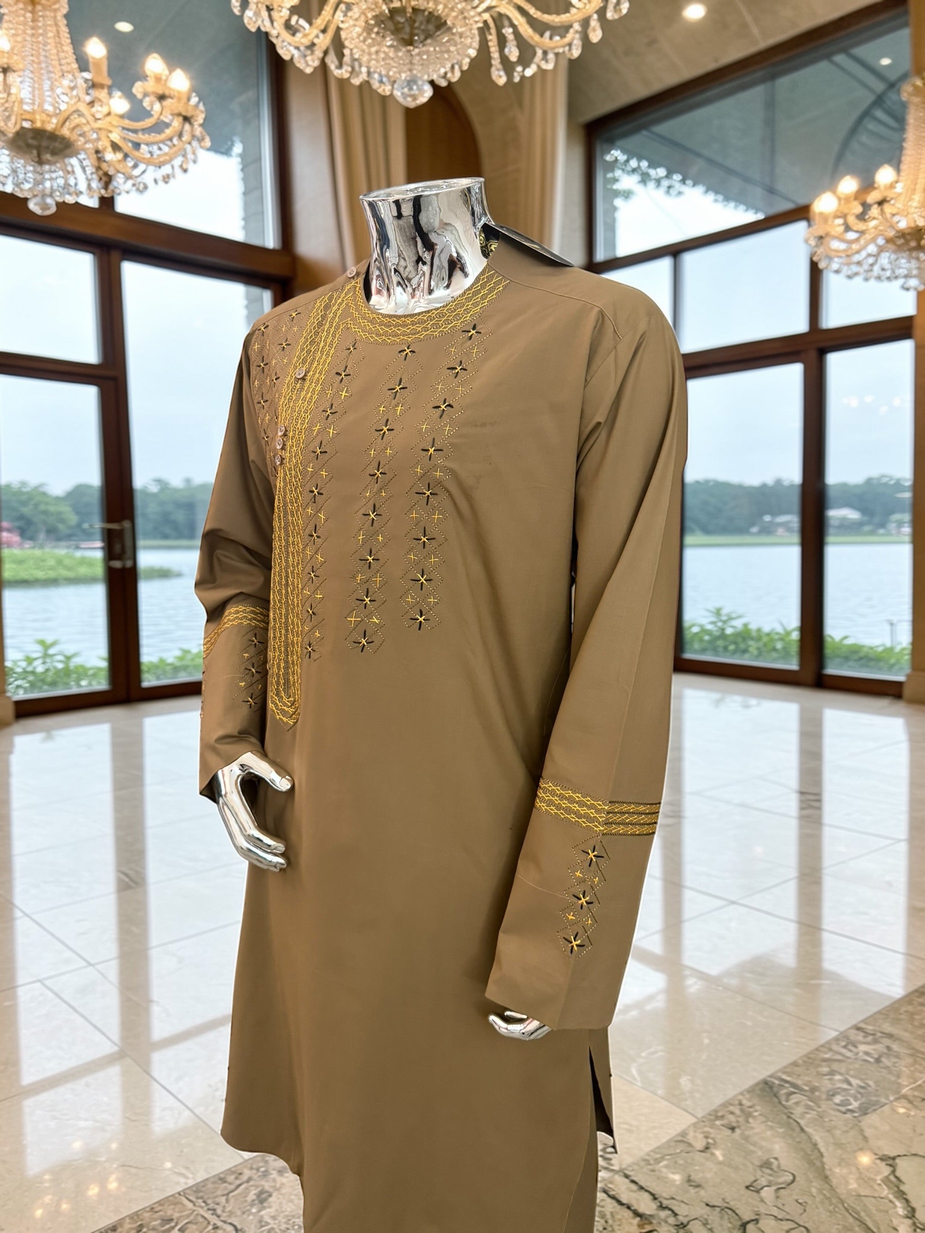 Medium Afghan Parahan Tunban Kameese Shalwar Brown Hand Embroidery