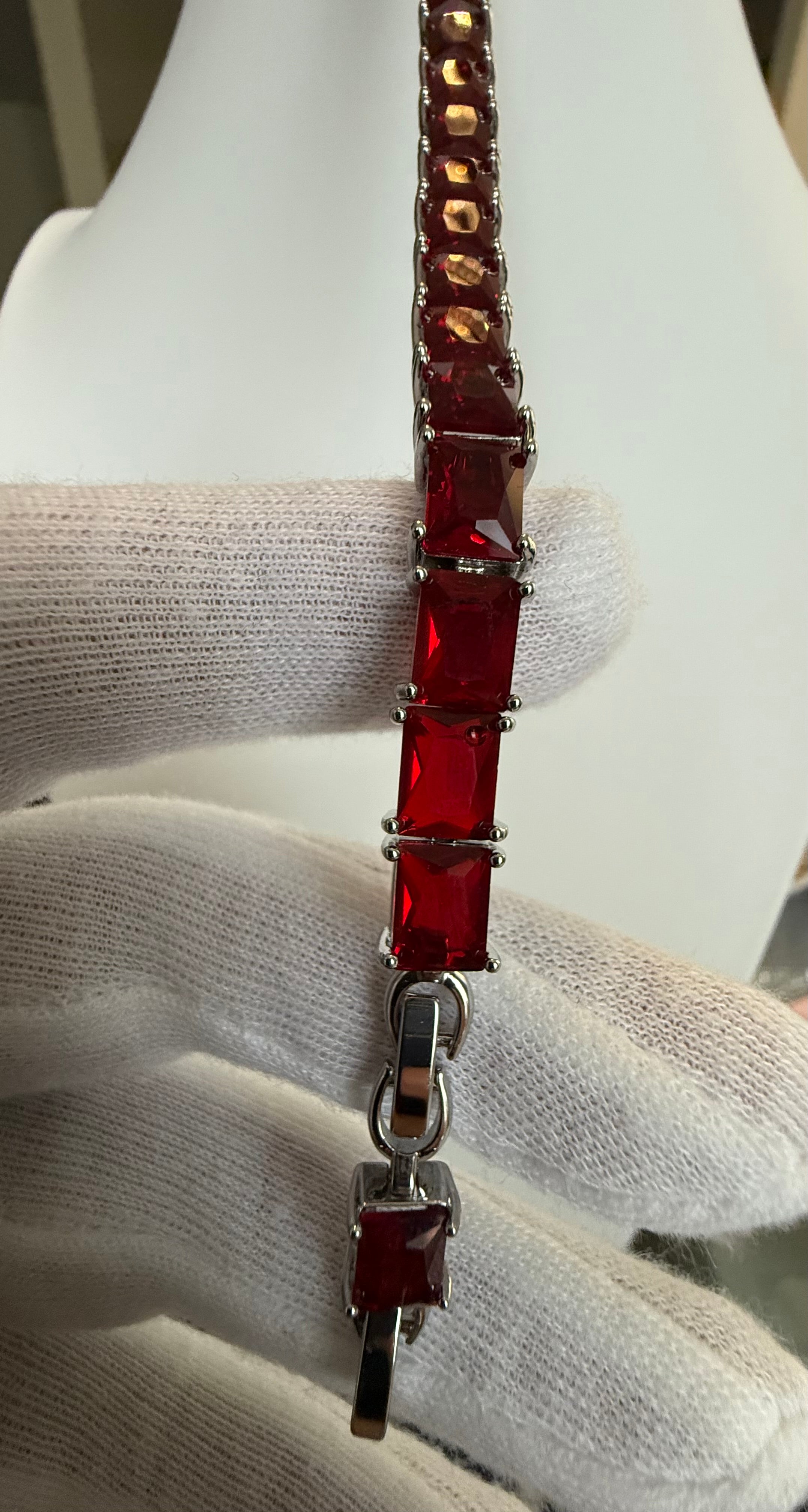 Ruby Red Rectangular Crystal Tennis Bracelet – Silver Tone Statement Bracelet for Women 7111