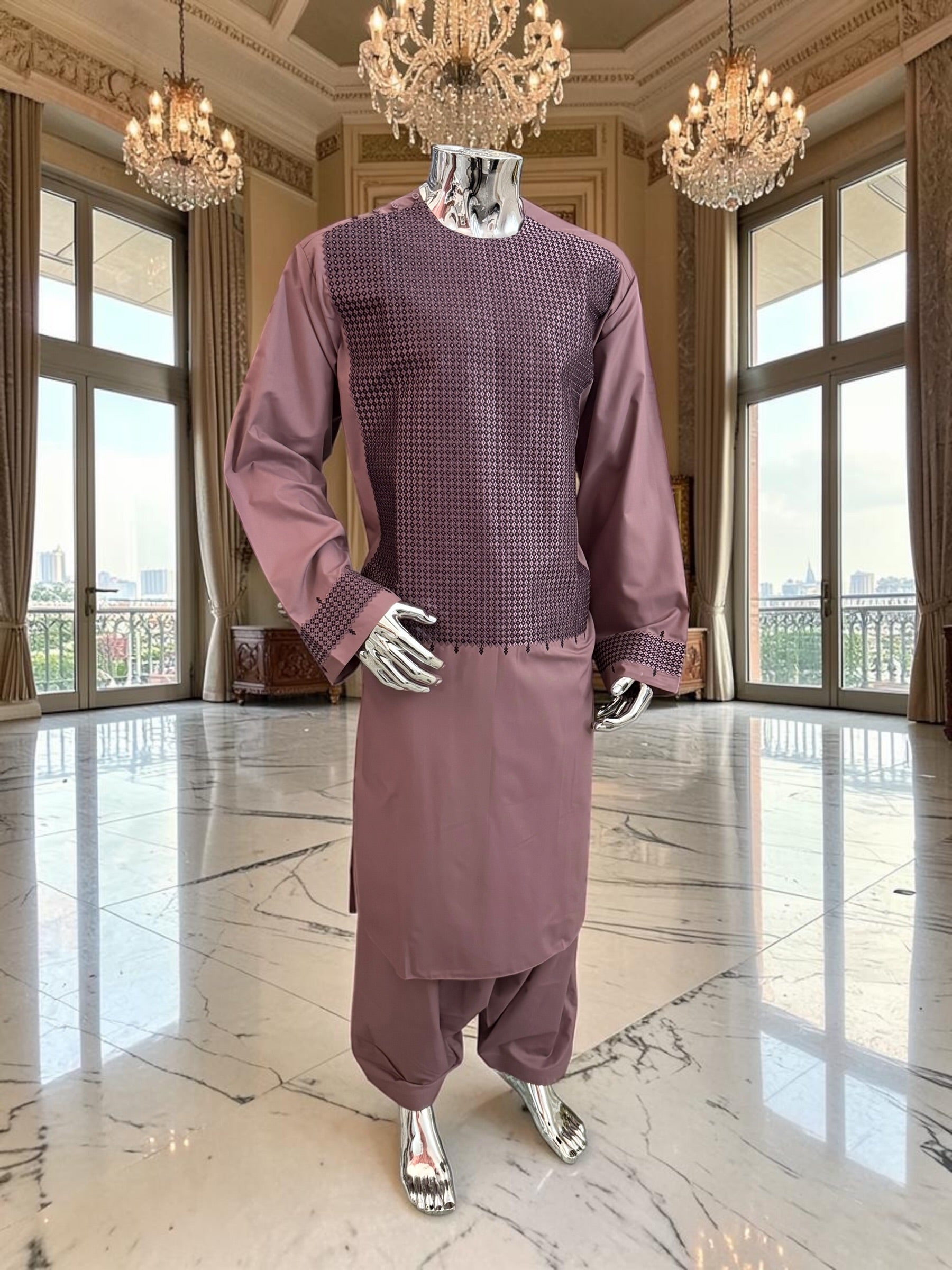 XL Dusty Rose Afghan Parahan Tunban with Machine Embroidery