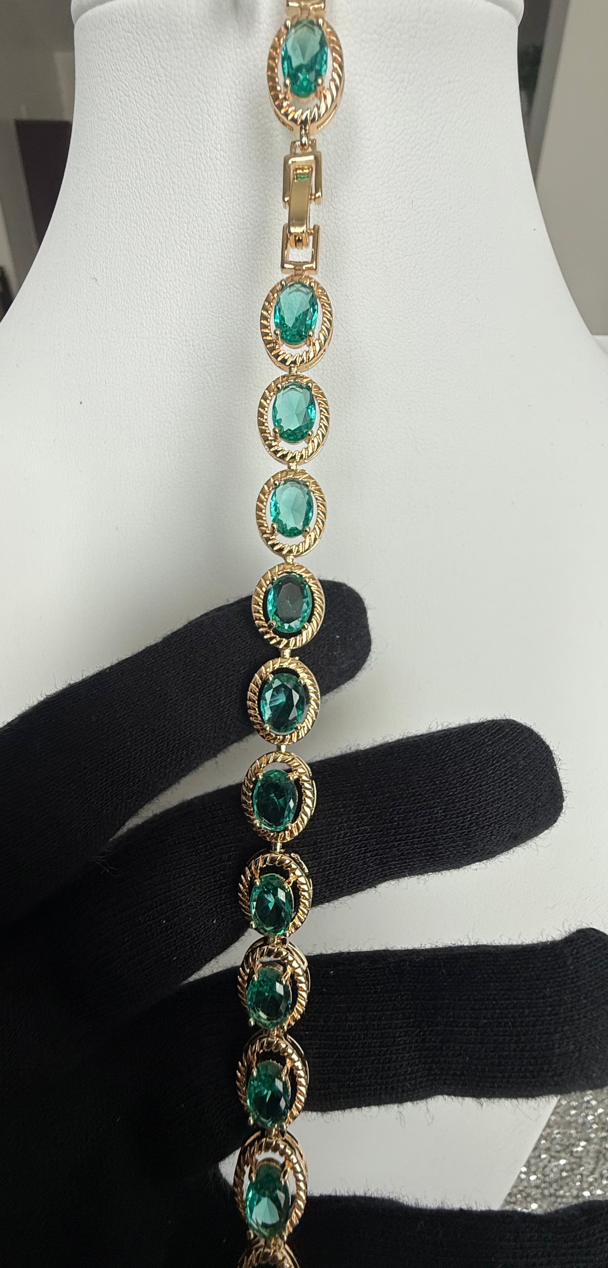 Emerald Green Oval Crystal Gold-Tone Tennis Bracelet | Elegant Statement Jewelry 7276
