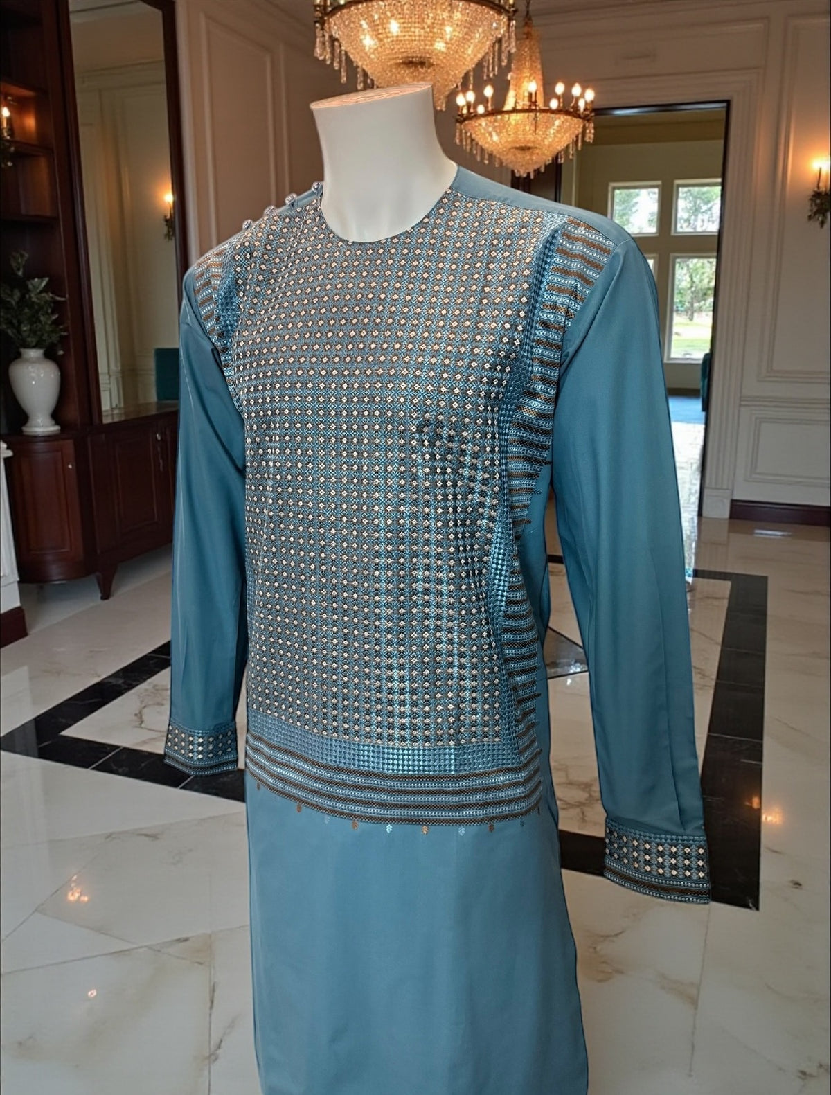 Medium Afghan Parahan Tunban for Men – Teal Blue Machine Embroidery