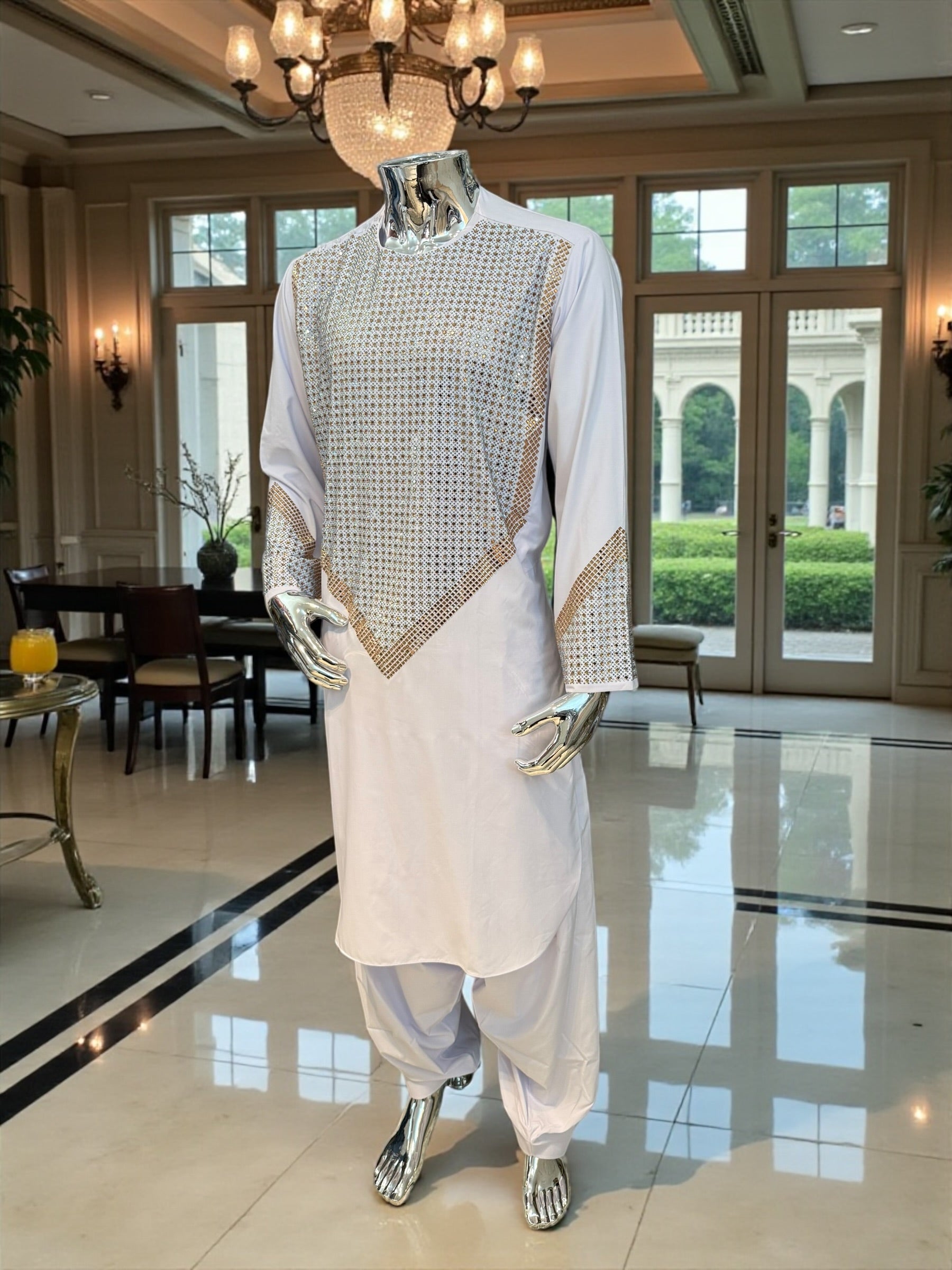 Men’s White Shesha Parahan Tunban Luxury Afghan Outfit with Matching Shawl | Luqmaan Boutique Collection Small