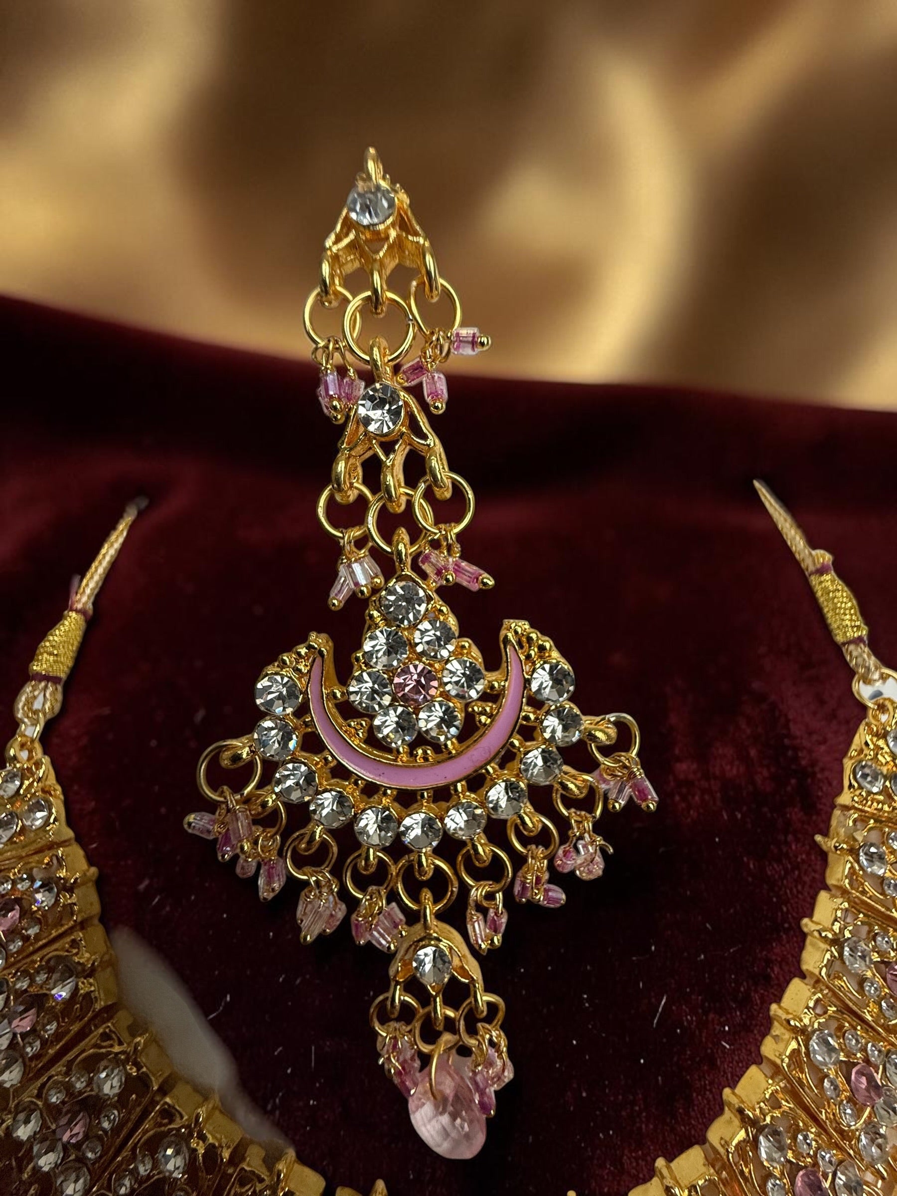 Pink Indian Pakistani Afghan Bridal Jewelry Set with Earrings & Maang Tikka | Gold Tone Crystal Rhinestone Necklace Set | Gift Box Included 7012