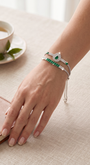 Emerald Green Crystal Double Bracelet Set – Silver Tone Pear & Baguette Statement Bracelets 7106