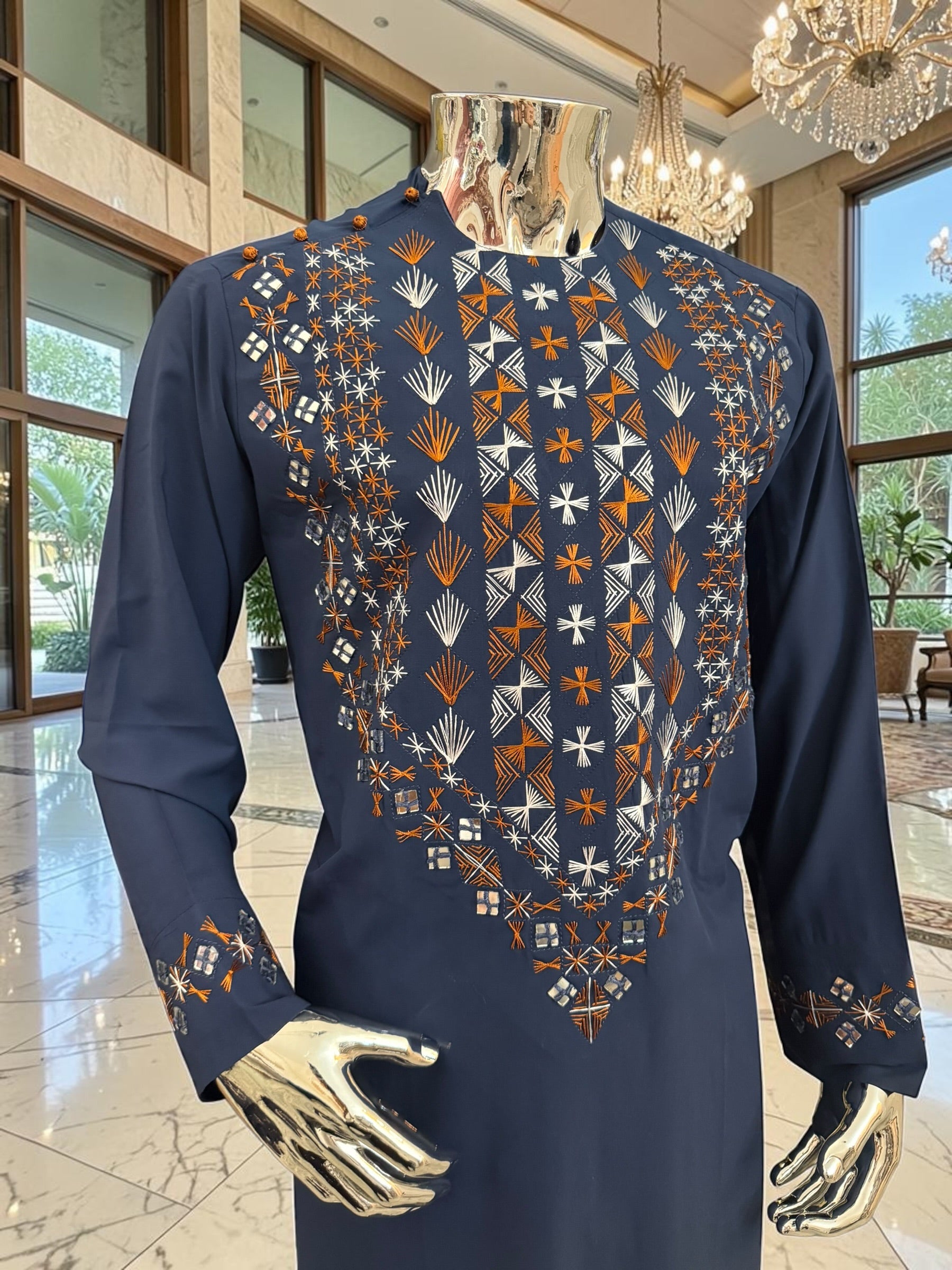 Medium Navy Blue Afghan Men’s Parahan Tunban Set – Hand Embroidery & Mirror Work with Matching Chadder/patto