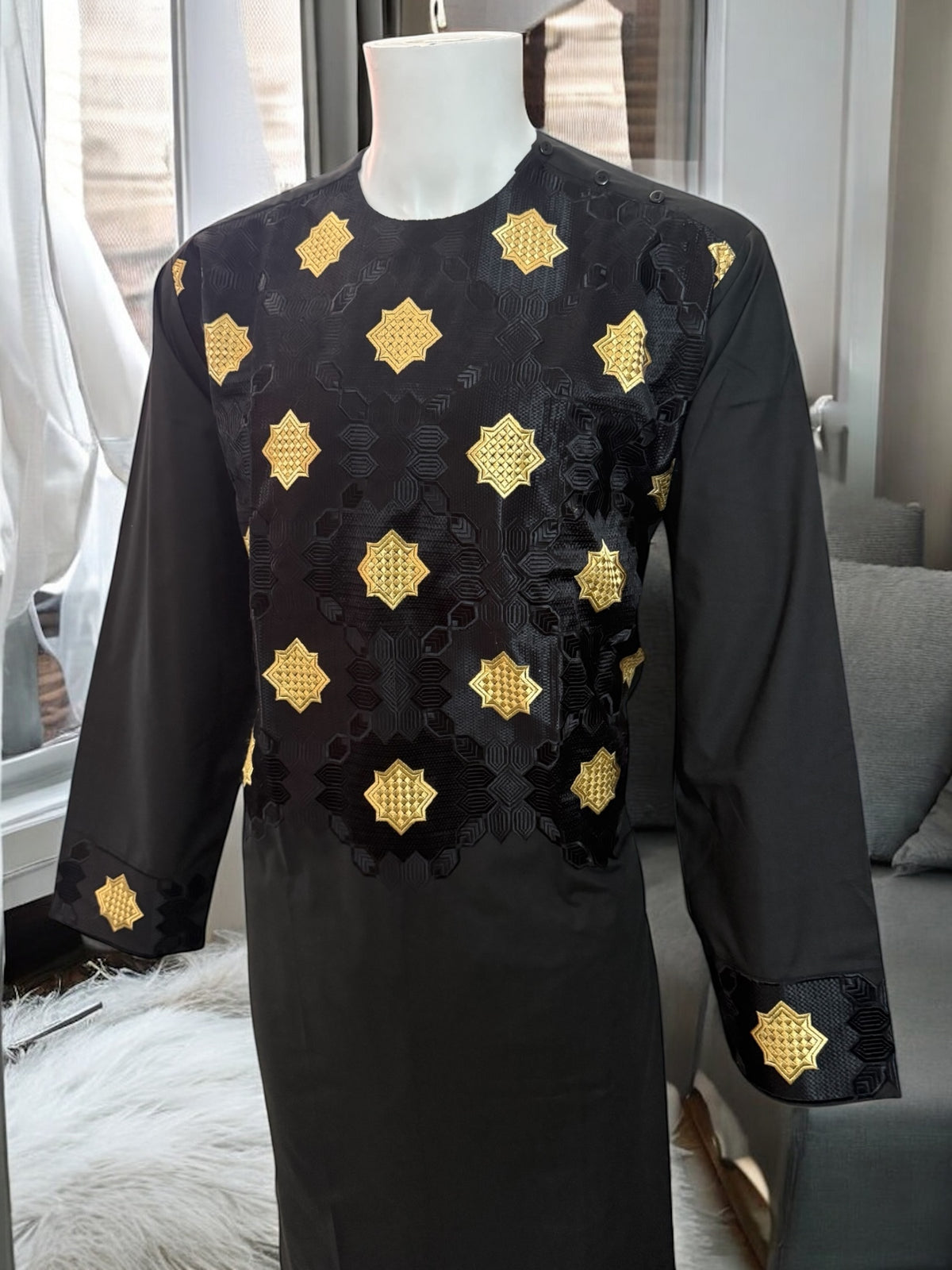 Afghan Parahan Tunban for Men Machine Embroidered Black Gold Traditional Wear Large