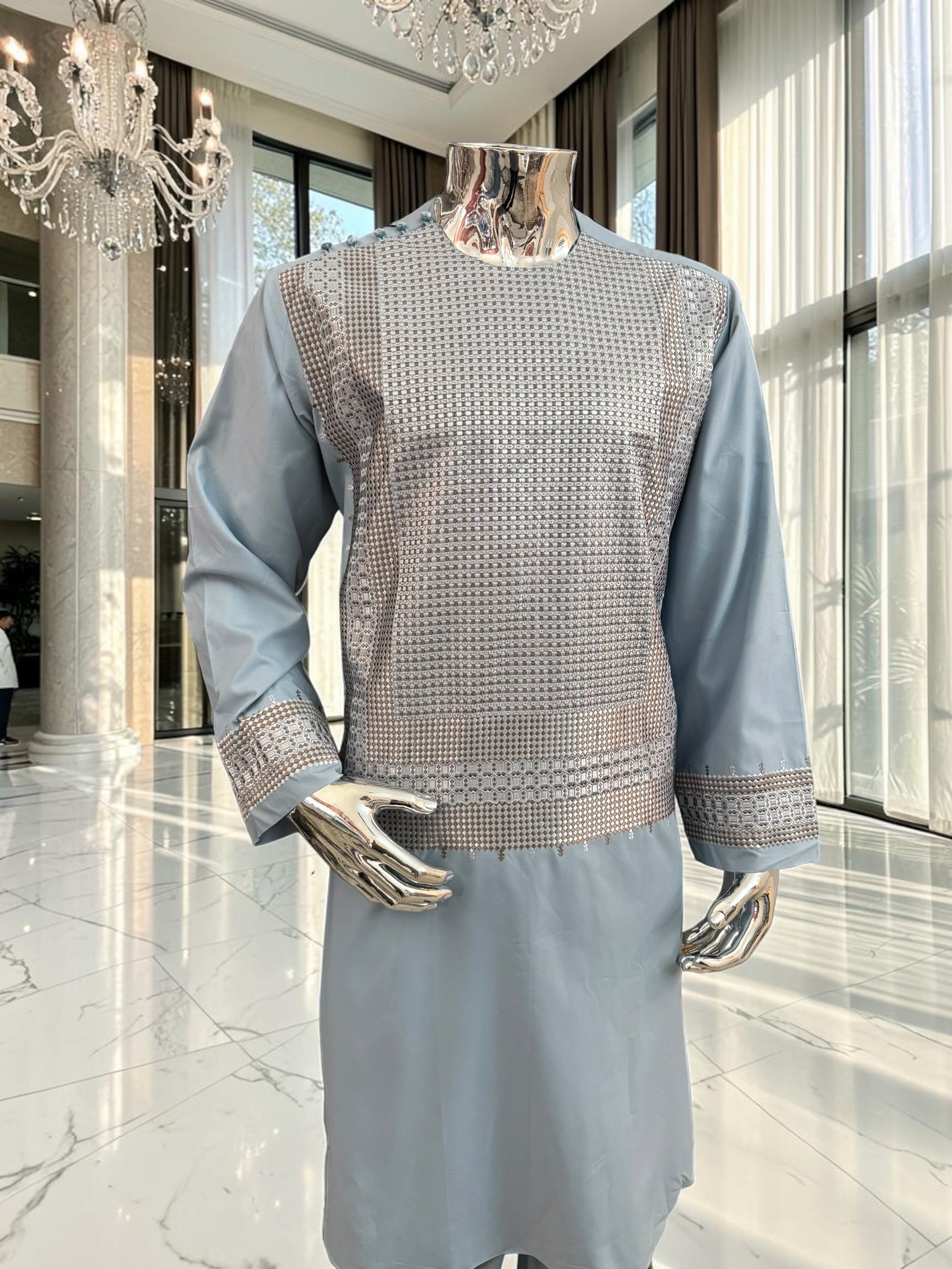 Large Men’s Light Blue Afghan Parahan Tunban with Khamakdozi-Inspired Machine Embroidery 7201