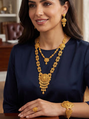4-Piece Gold-Plated Traditional Filigree Jewelry Set – Layered Necklace, Earrings, Bracelet & Ring 077