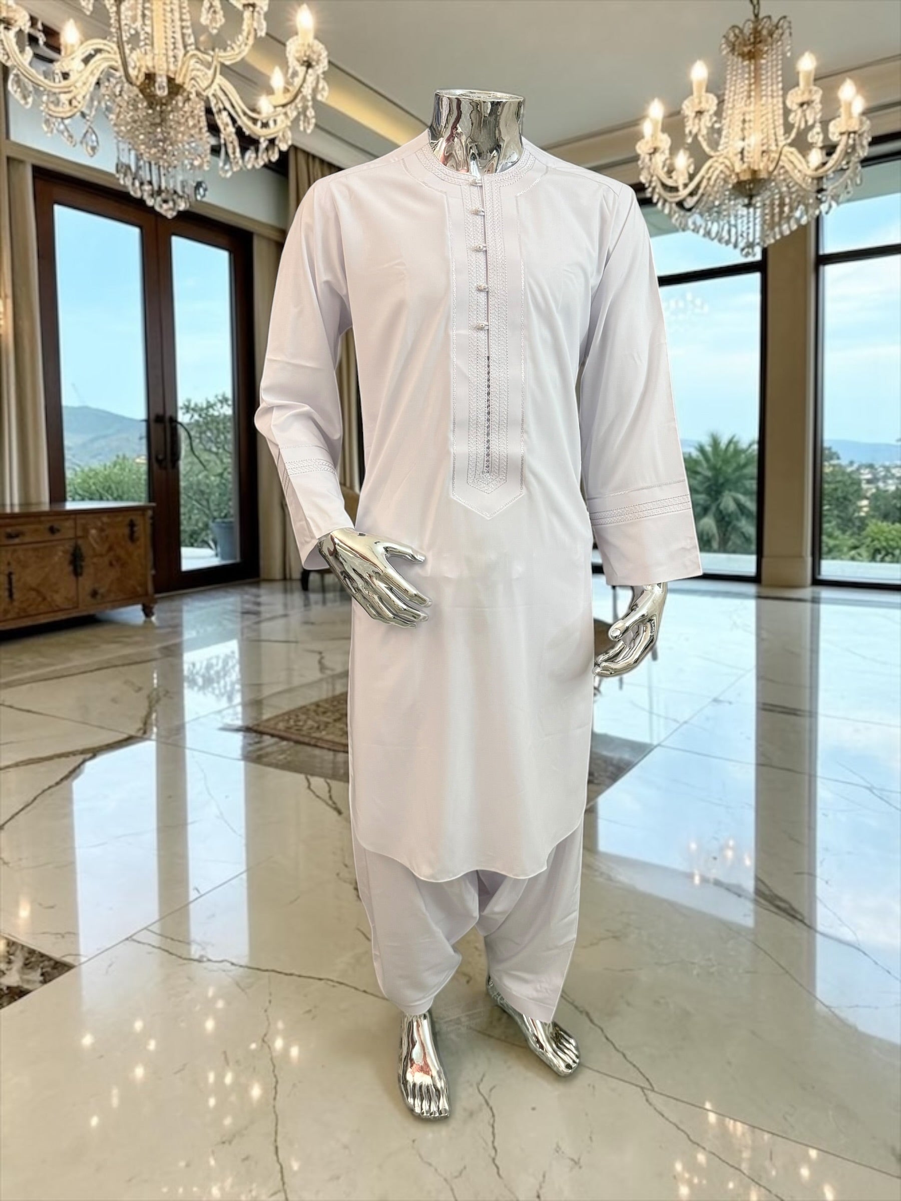 Men’s White Embroidered Afghan Parahan Tunban Set | Small–X-Large