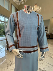 Medium Turquoise Afghan Parahan Tunban with Brown and White Premium Machine Embroidery for Boys/Men