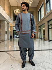 Medium Steel Blue Parahan Tunban with White & Brown Embroidery | Premium Afghan Traditional Wear