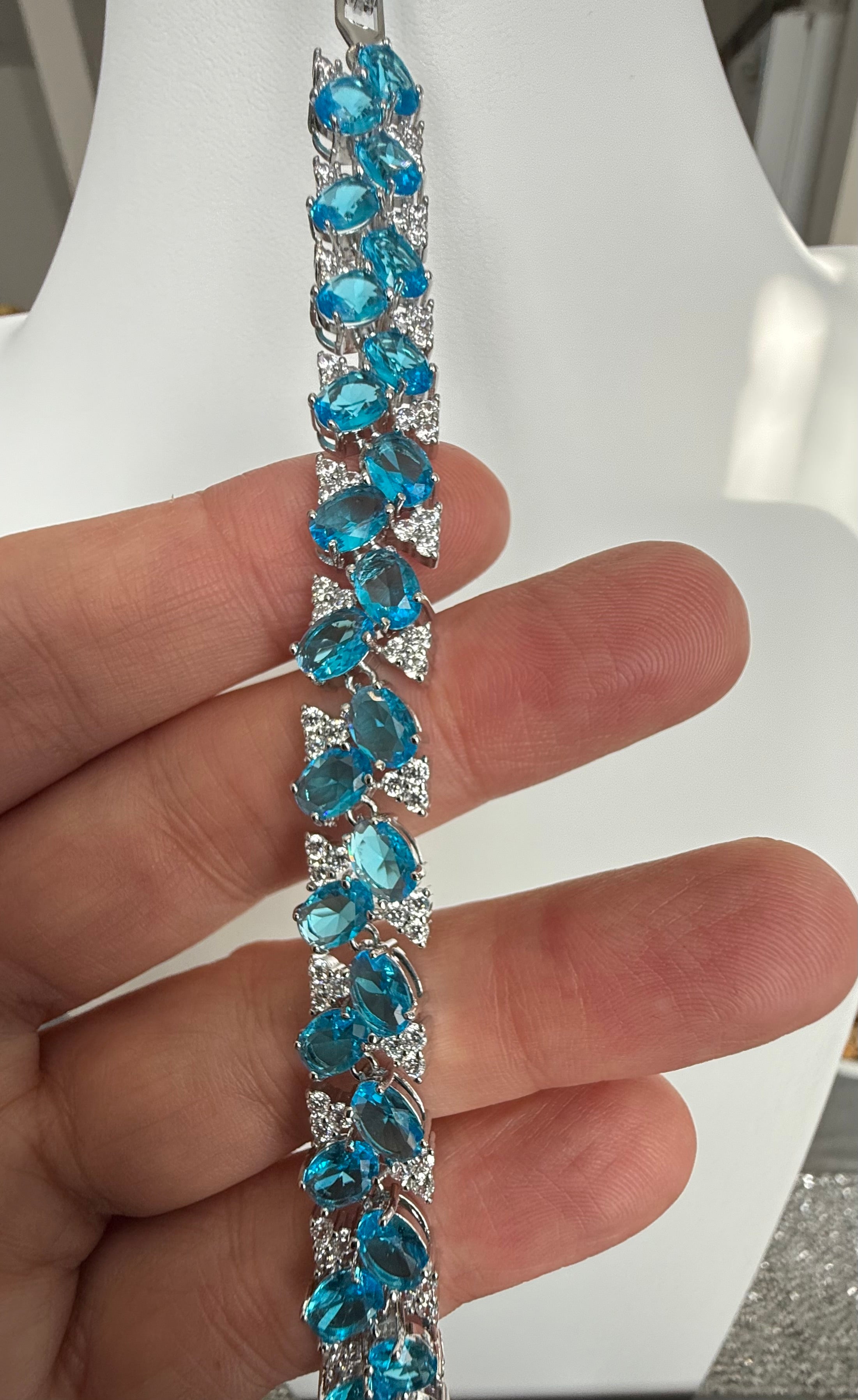 Aqua Blue Crystal Butterfly Bracelet – Silver Tone Sparkling Statement Jewelry 7082