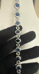 Royal Blue Oval Crystal Link Bracelet – Silver-Tone Halo Statement Bracelet for Women 7126