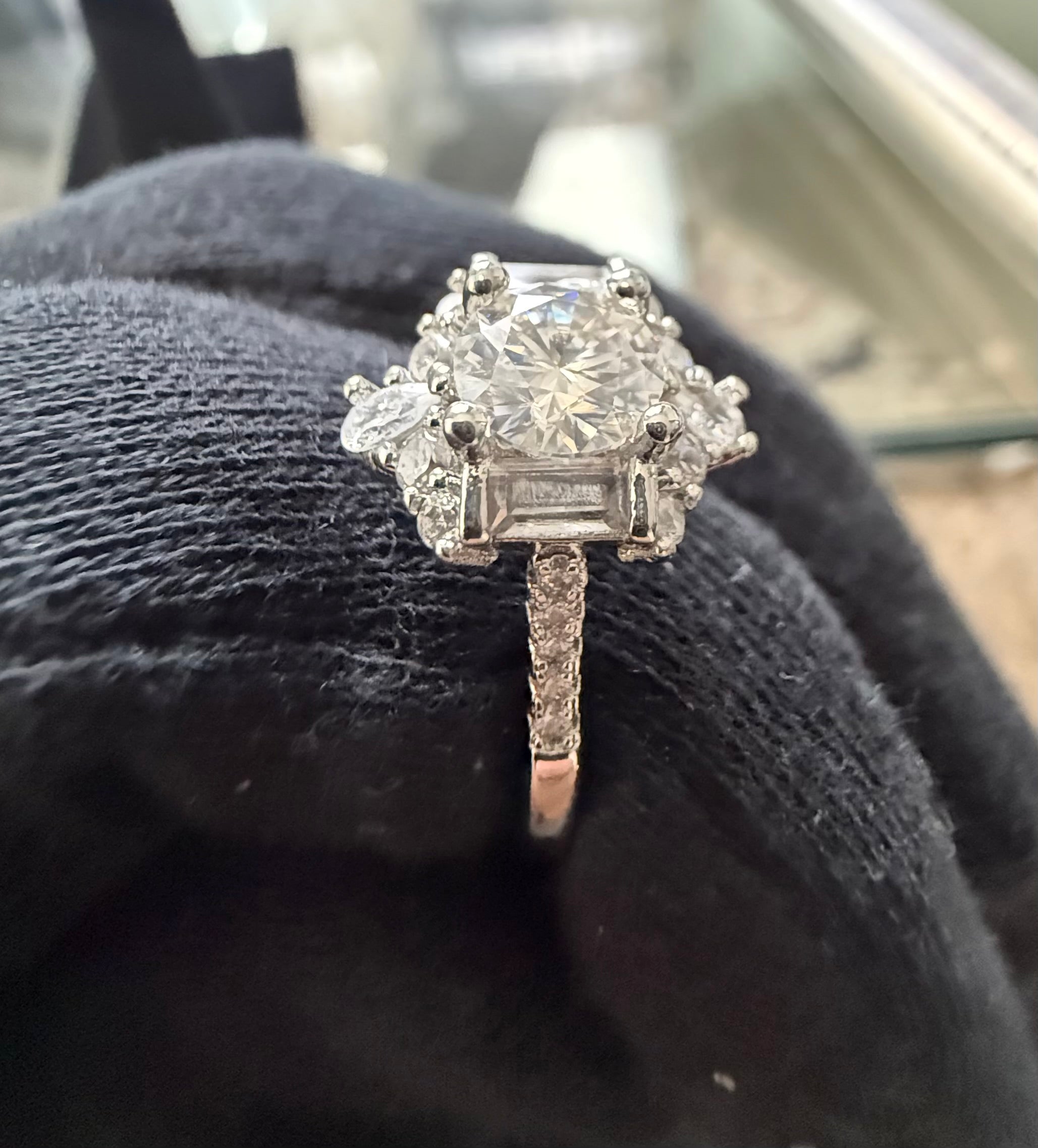 Size 9 Sterling Silver Round Cut Moissanite Halo Engagement Ring with Baguette Accents | Women’s Fine Jewelry 6001