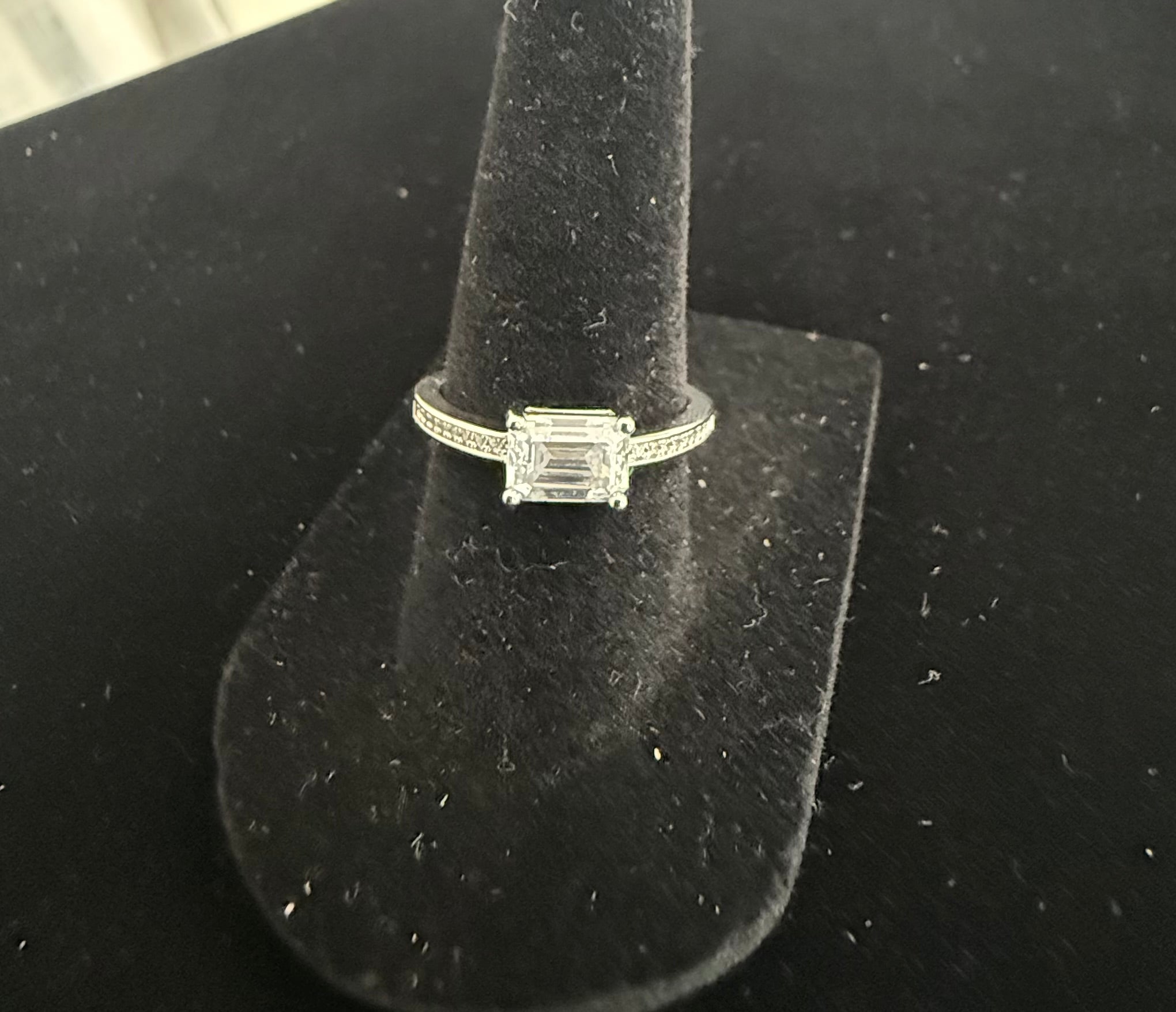 Emerald-Cut Moissanite Sterling Silver Engagement Ring – Size 7.  6021