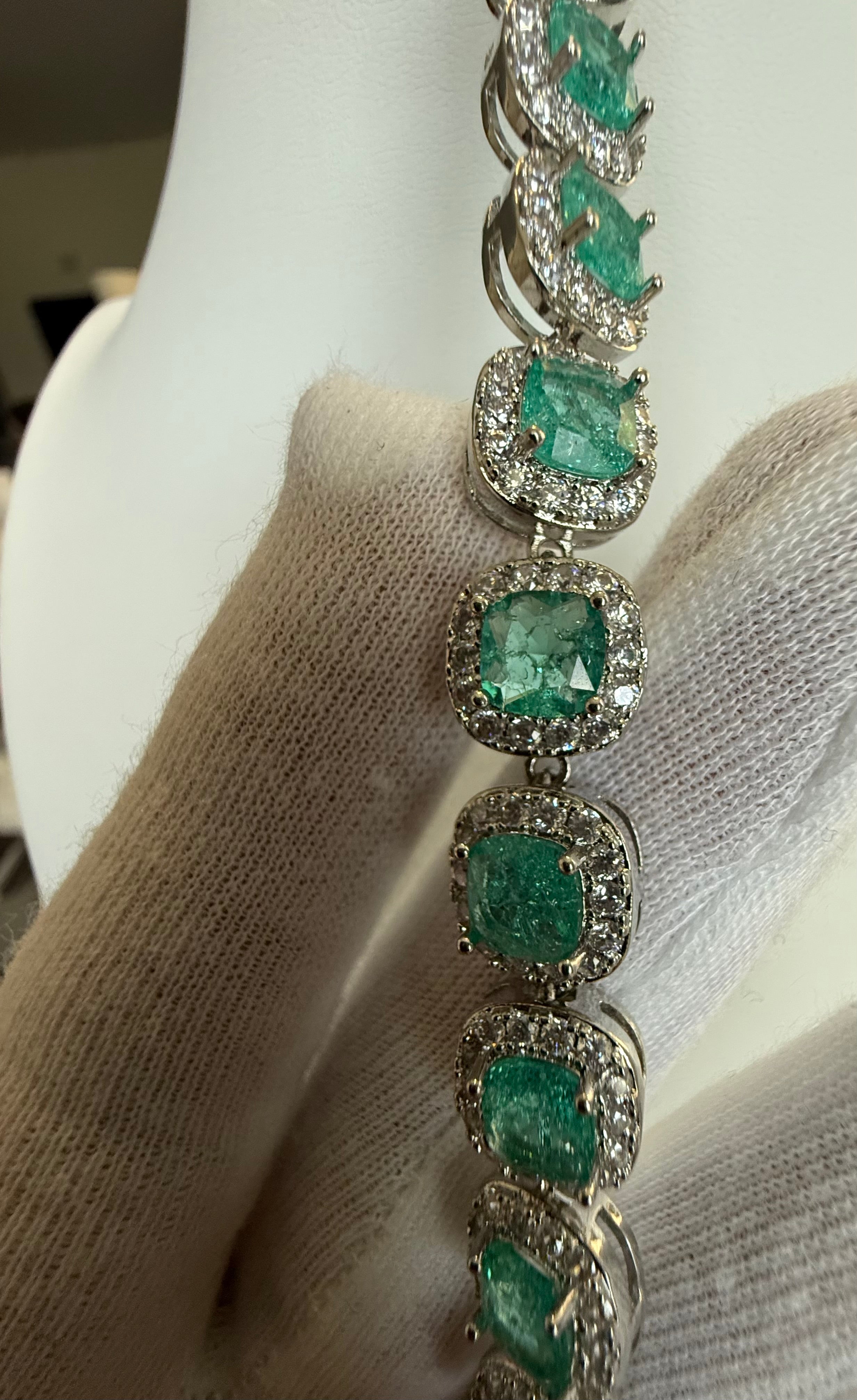 Aqua Green Cushion Cut Halo Crystal Tennis Bracelet – Silver Tone Statement Jewelry 7112