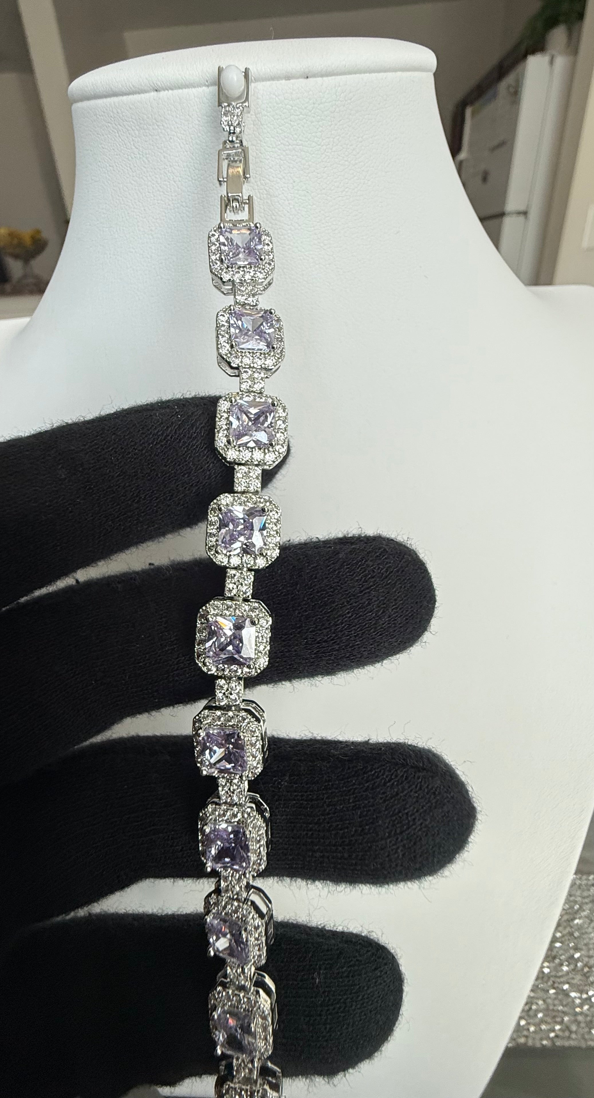 Lavender Purple Cushion-Cut Crystal Halo Tennis Bracelet – Silver Tone Statement Jewelry 7093