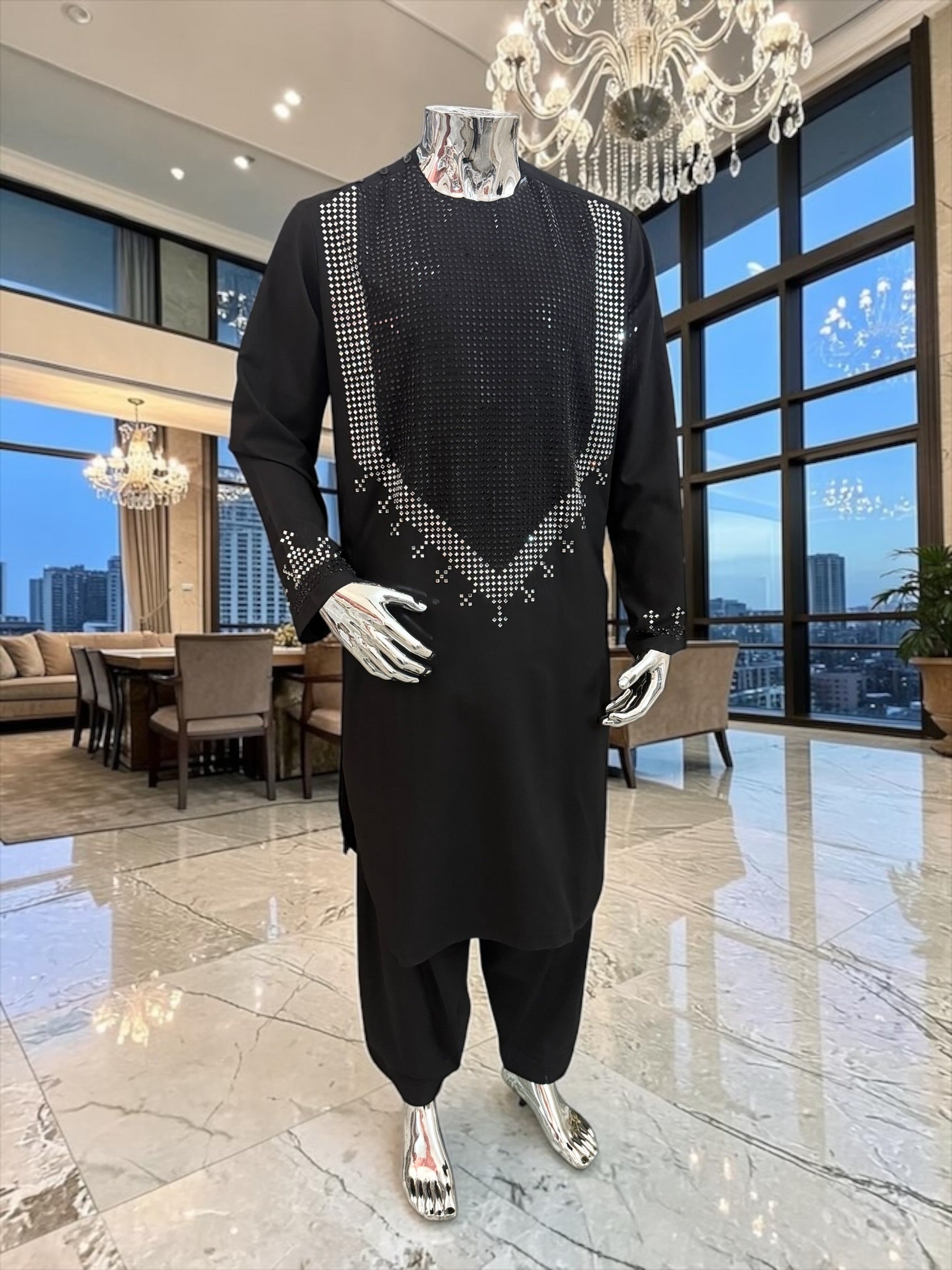 Large Afghan Parahan Tunban for Men – Black with Silver Shesha